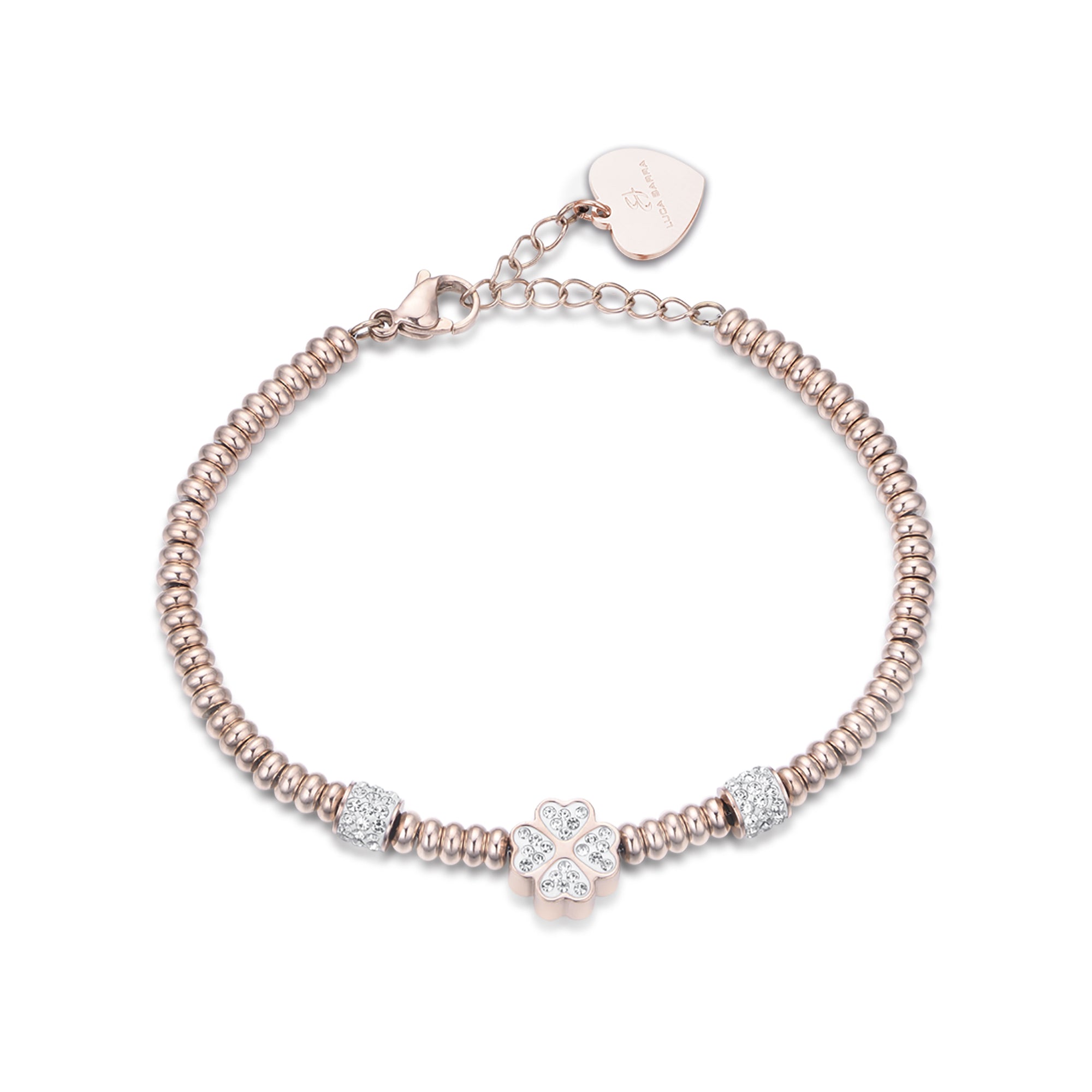 BRACCIALE IN ACCIAIO IP ROSE CON QUADRIFOGLIO CON CRISTALLI BIANCHI