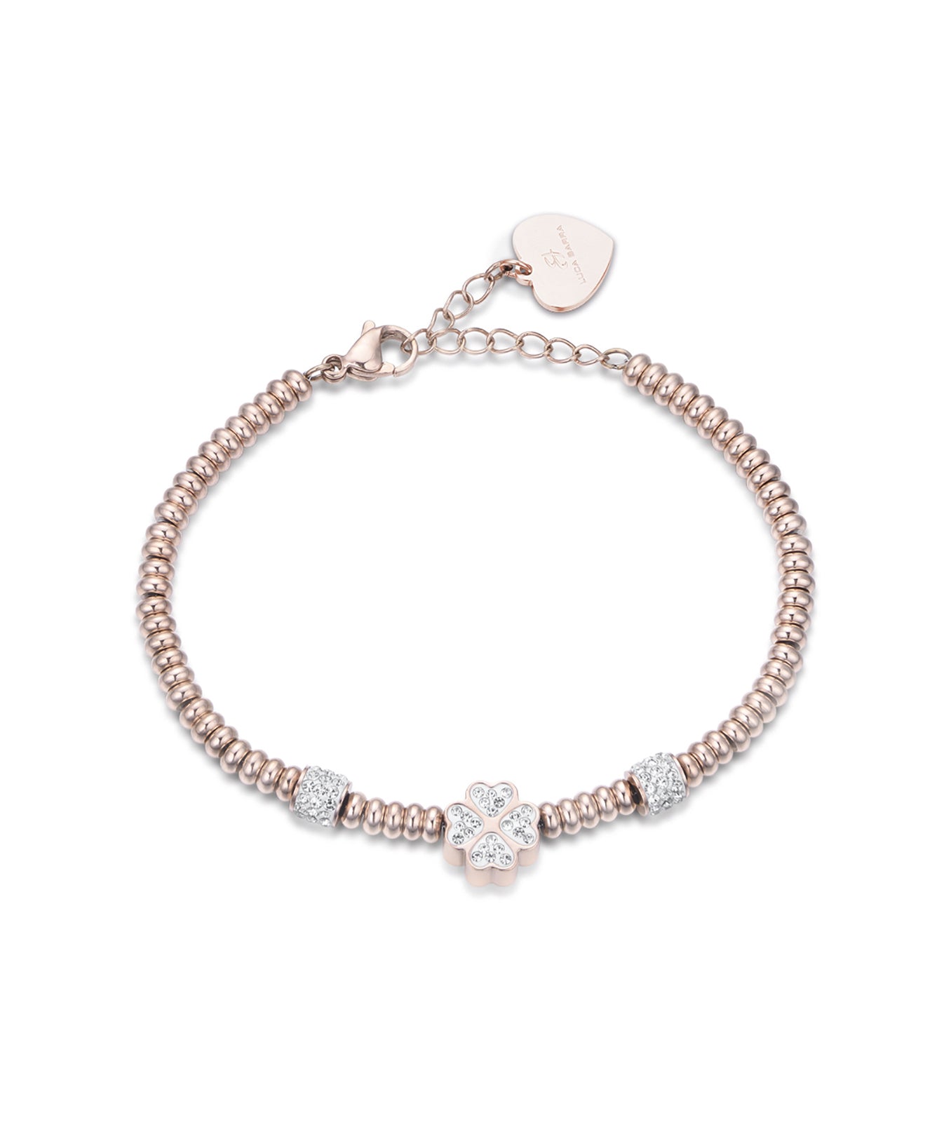 BRACCIALE IN ACCIAIO IP ROSE CON QUADRIFOGLIO CON CRISTALLI BIANCHI