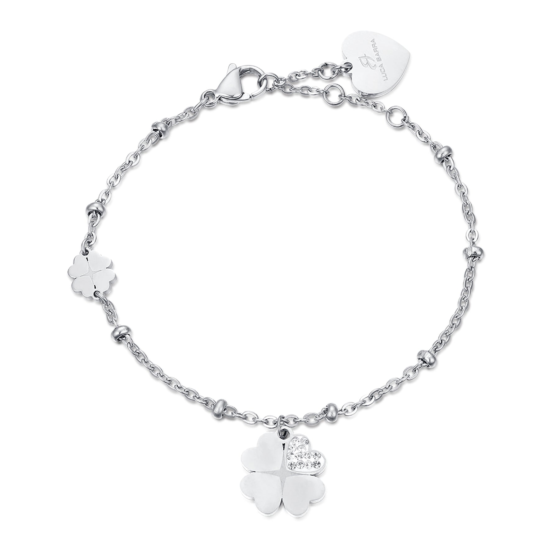 BRACCIALE IN ACCIAIO CON QUADRIFOGLI CON CRISTALLI BIANCHI