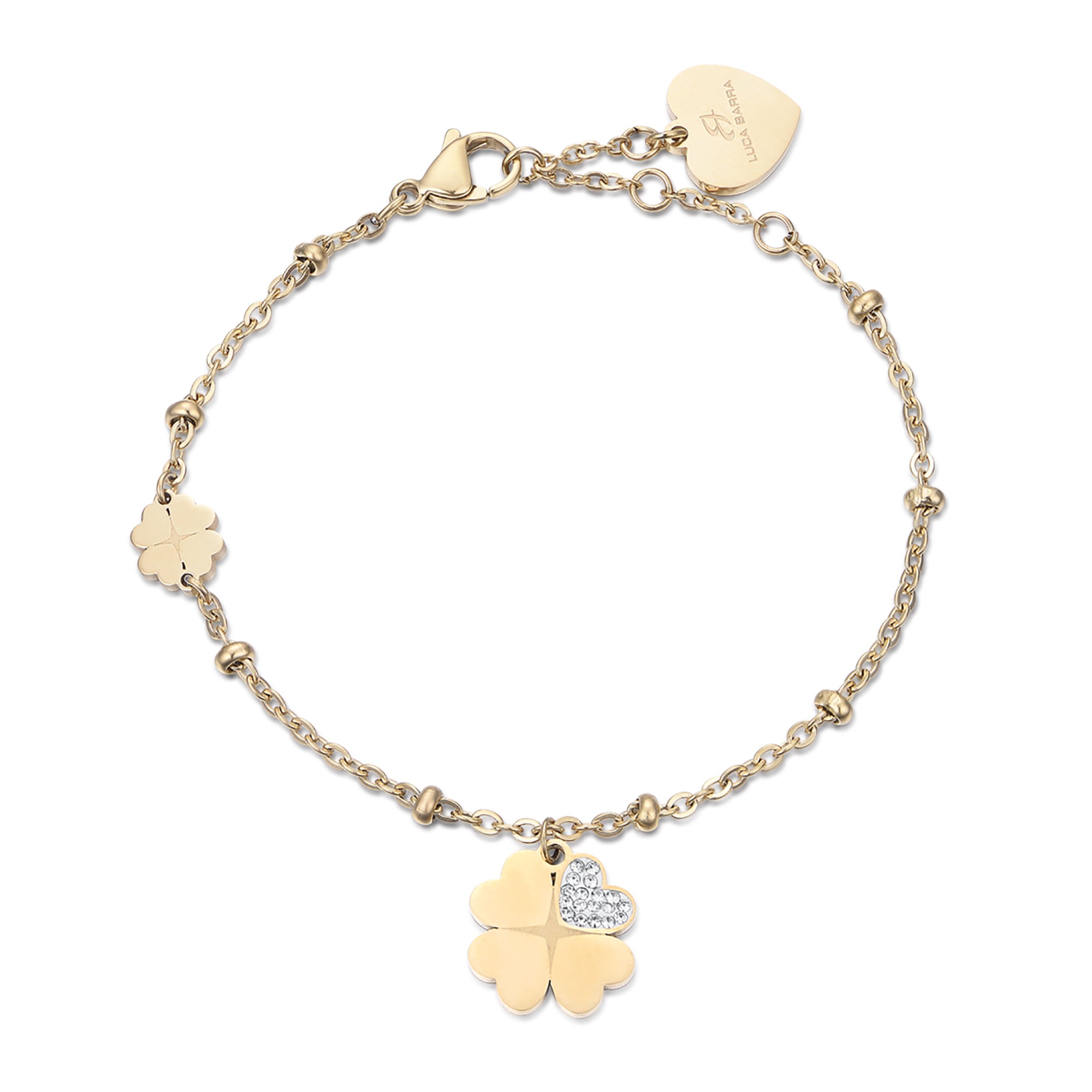 BRACCIALE IN ACCIAIO IP GOLD CON QUADRIFOGLI CON CRISTALLI BIANCHI