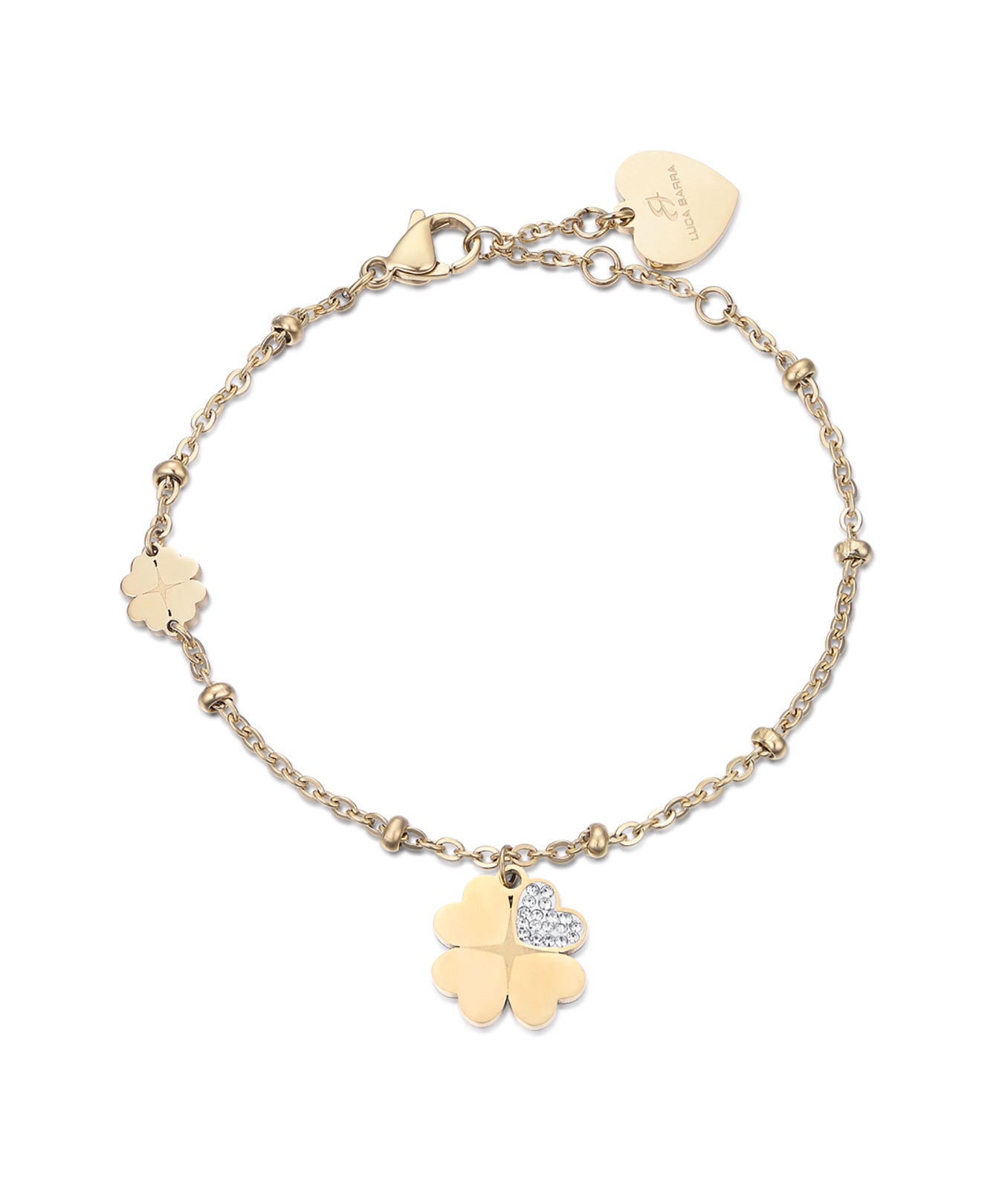BRACCIALE IN ACCIAIO IP GOLD CON QUADRIFOGLI CON CRISTALLI BIANCHI