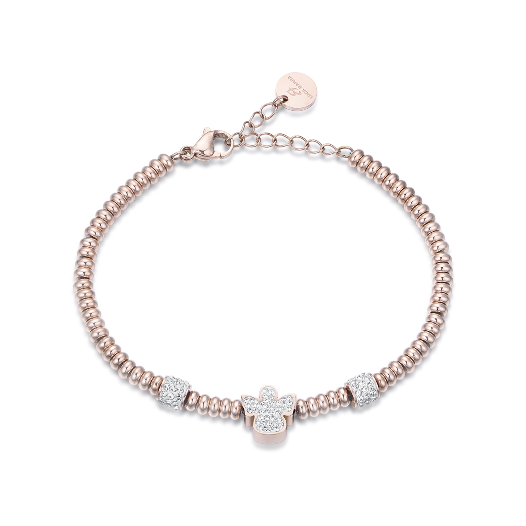 BRACCIALE IN ACCIAIO IP ROSE CON ANGELO CON CRISTALLI BIANCHI