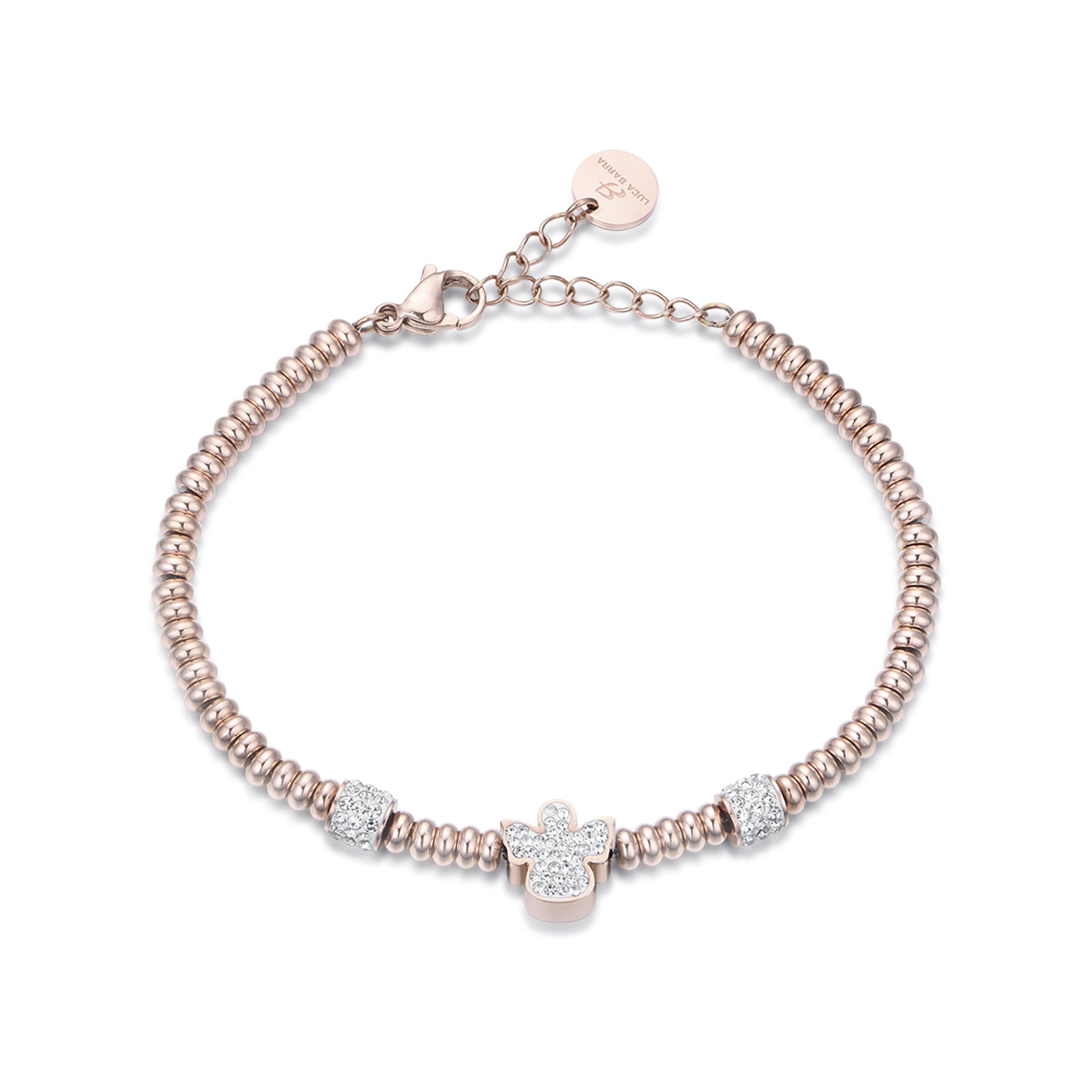 BRACCIALE IN ACCIAIO IP ROSE CON ANGELO CON CRISTALLI BIANCHI
