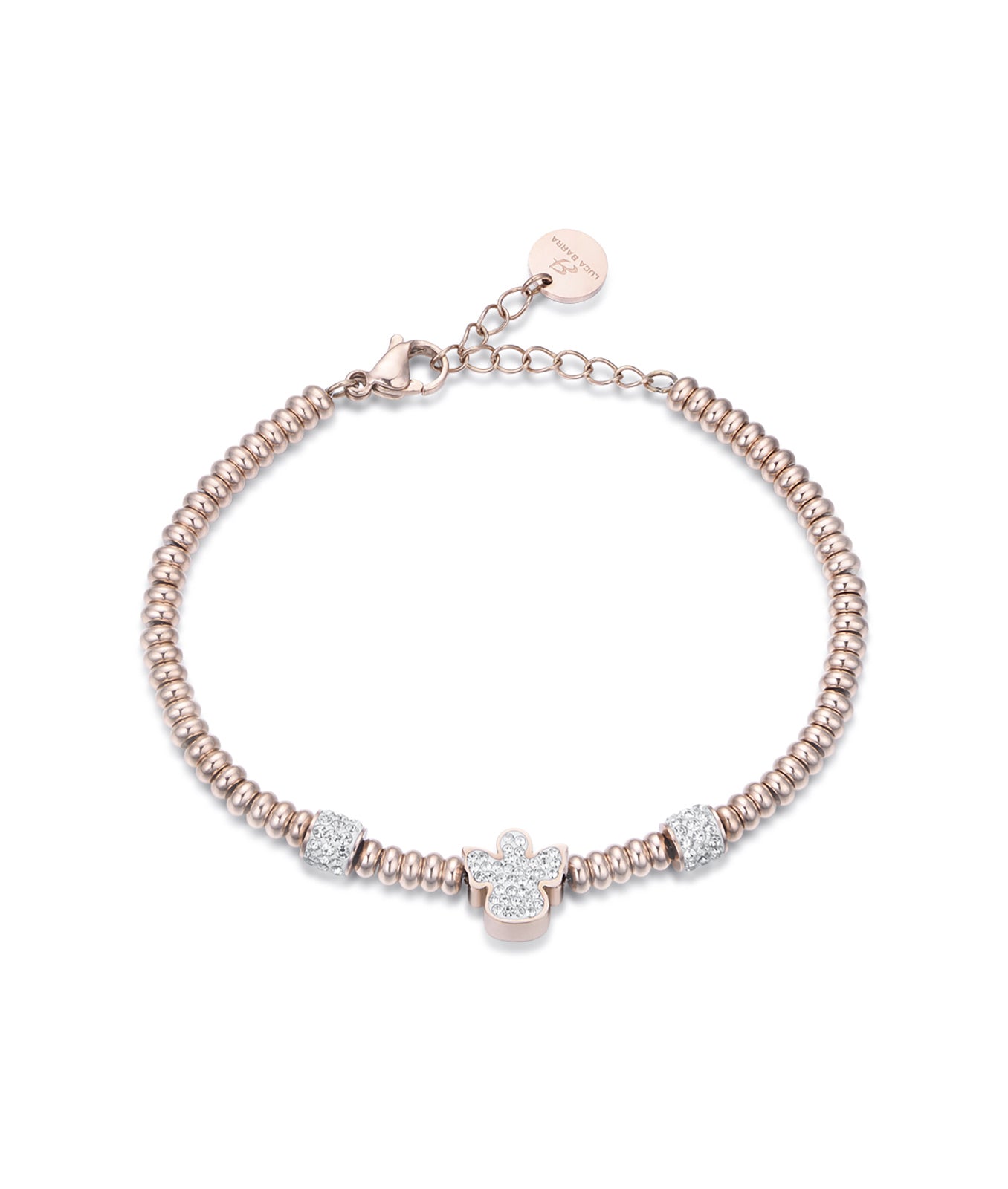 BRACCIALE IN ACCIAIO IP ROSE CON ANGELO CON CRISTALLI BIANCHI