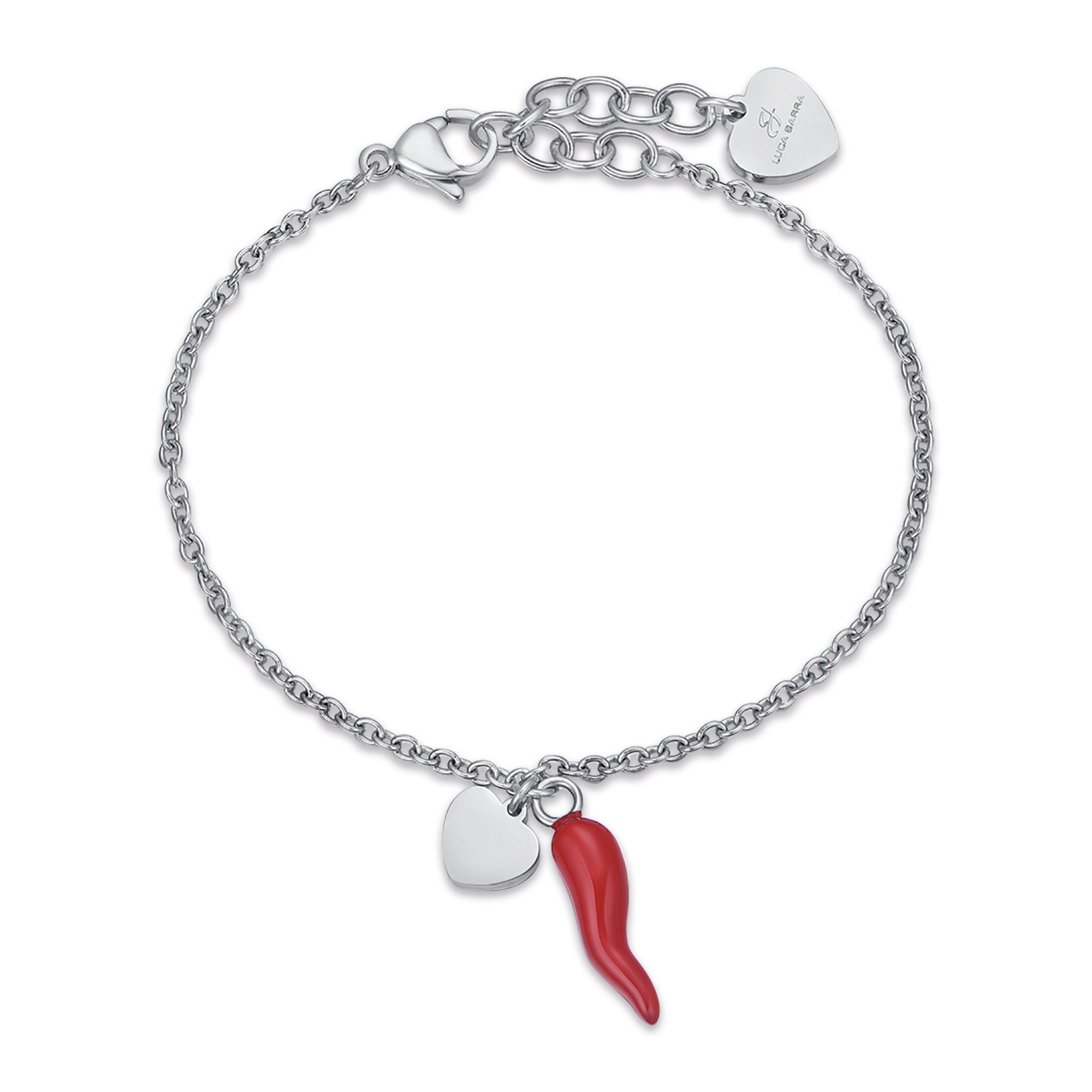 BRACCIALE IN ACCIAIO CON CUORE E CORNO ROSSO