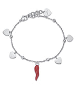 BRACCIALE IN ACCIAIO CON CUORI E CORNO ROSSO