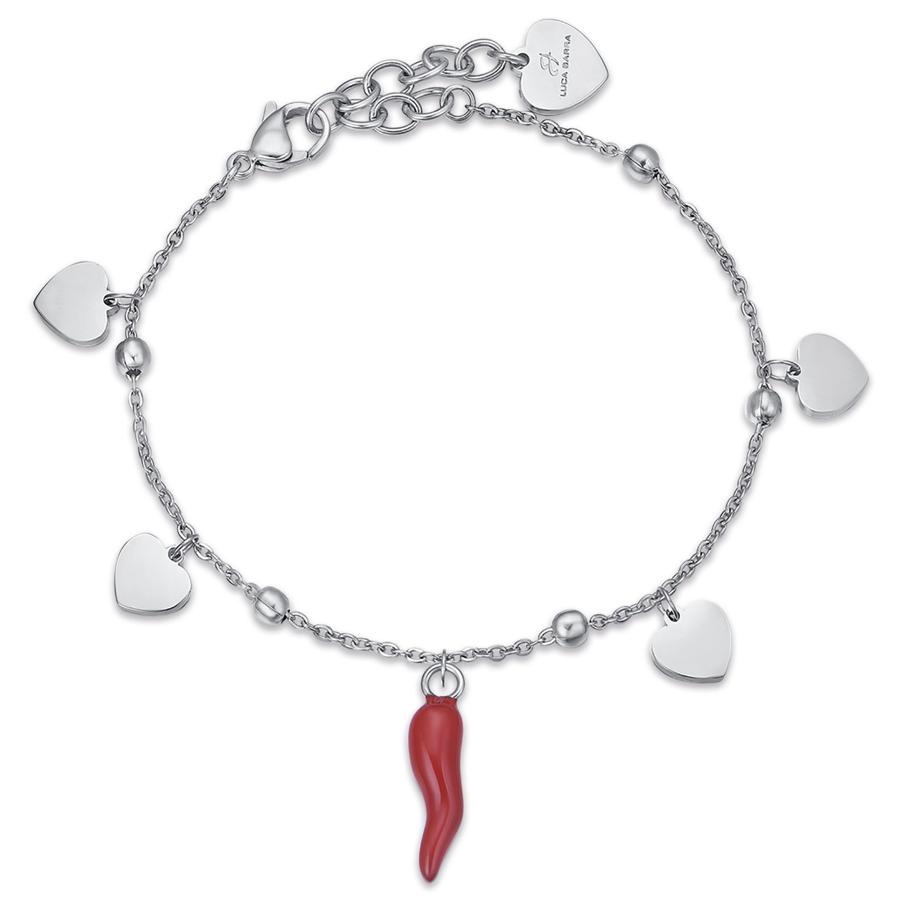 BRACCIALE IN ACCIAIO CON CUORI E CORNO ROSSO