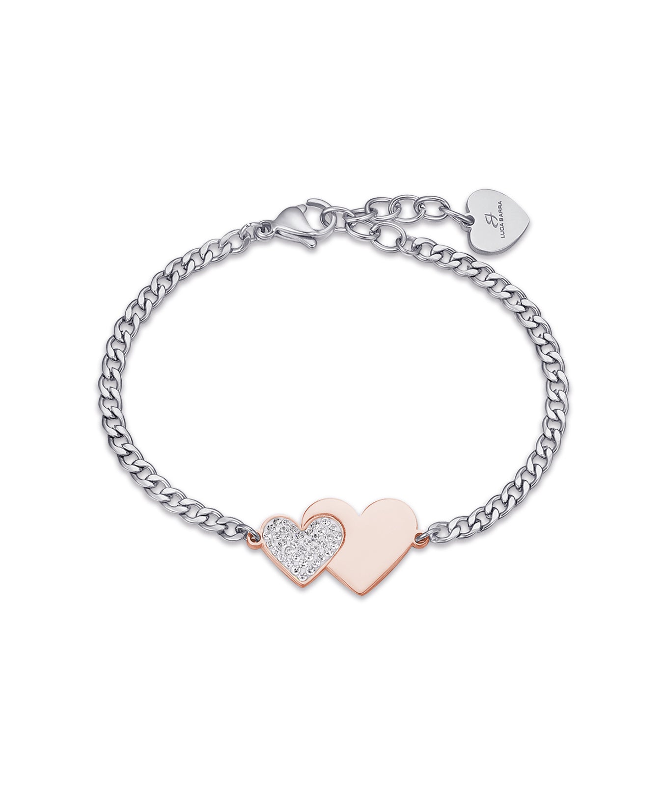 BRACCIALE IN ACCIAIO CON CUORE IN ACCIAIO IP ROSE E CRISTALLI BIANCHI