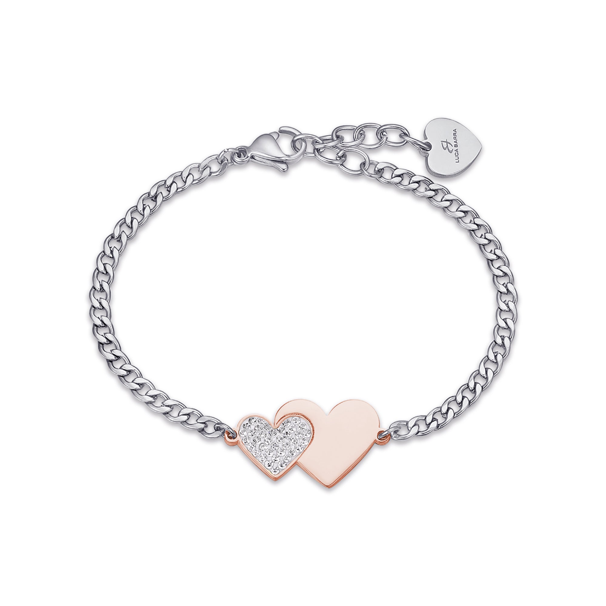 BRACCIALE IN ACCIAIO CON CUORE IN ACCIAIO IP ROSE E CRISTALLI BIANCHI