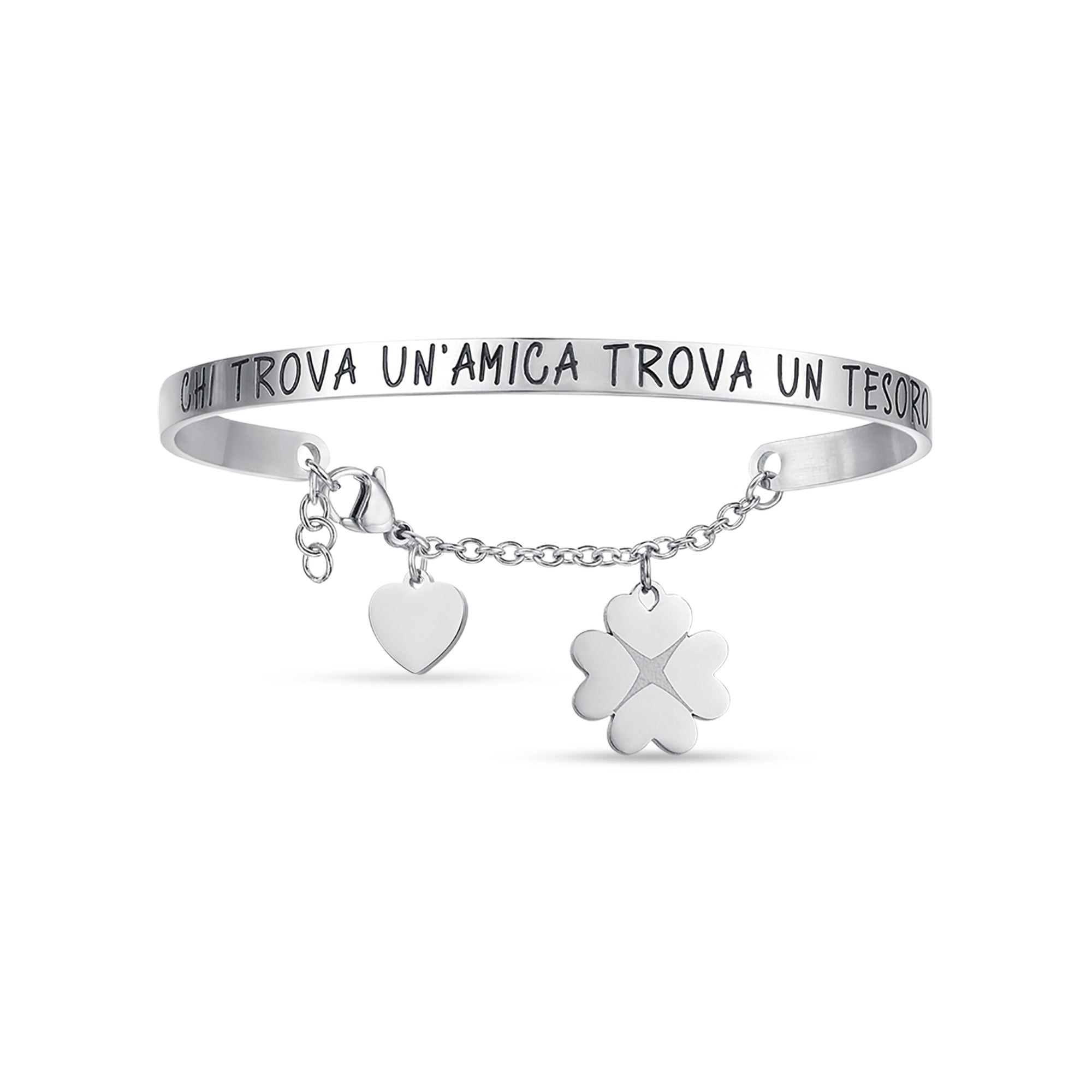 BRACCIALE DA DONNA IN ACCIAIO CON SCRITTA CHI TROVA UN'AMICA TROVA UN TESORO