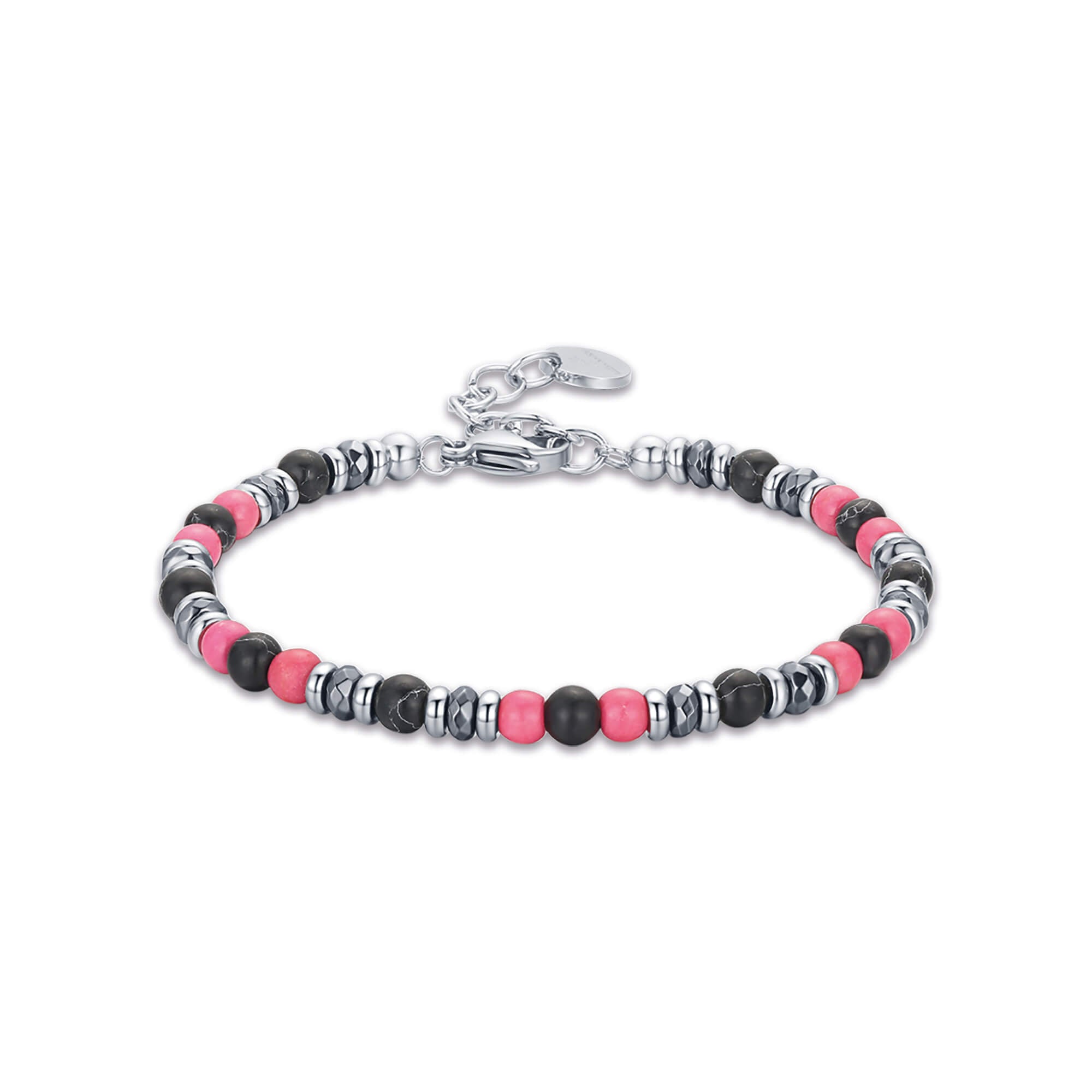 BRACCIALE IN ACCIAIO CON PIETRE ROSA E NERE