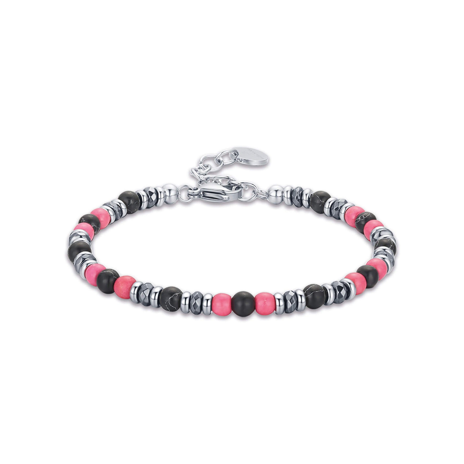 BRACCIALE IN ACCIAIO CON PIETRE ROSA E NERE