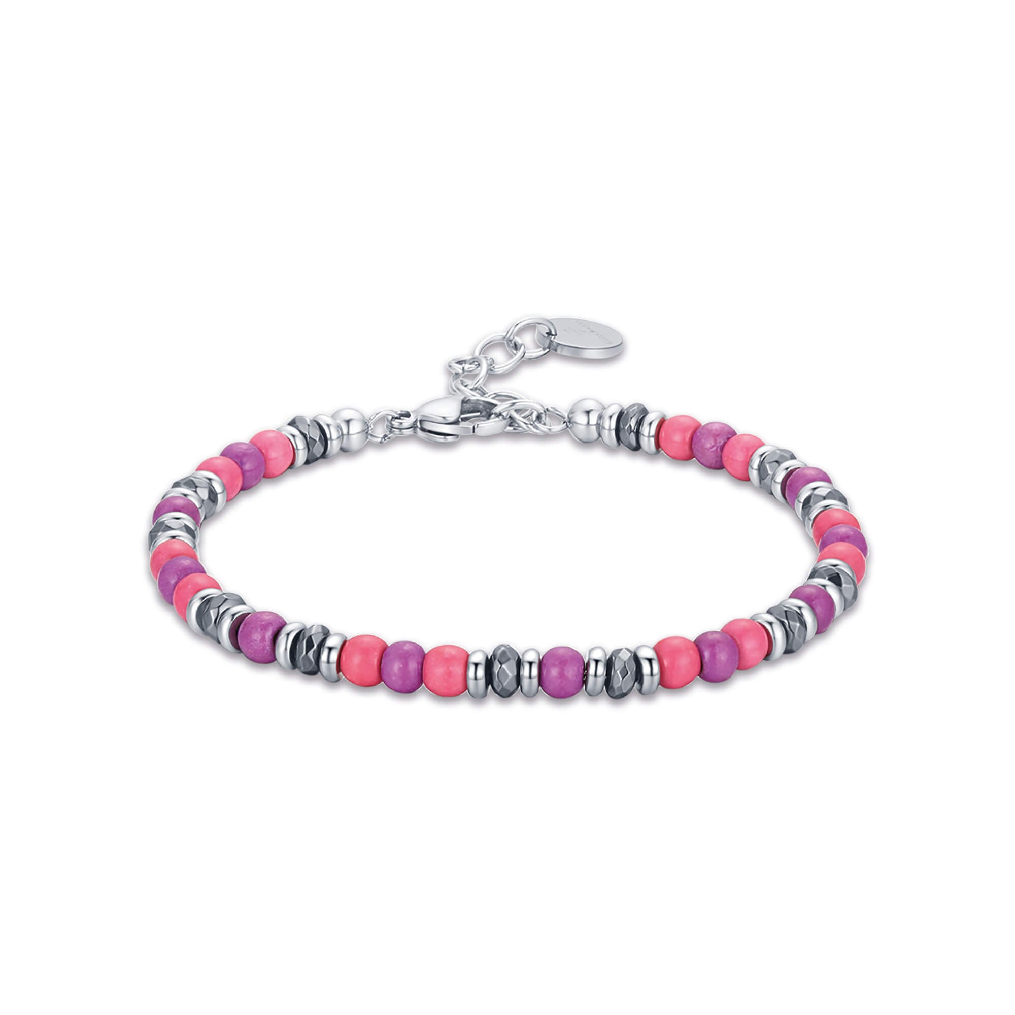 BRACCIALE IN ACCIAIO CON PIETRE ROSA E VIOLA