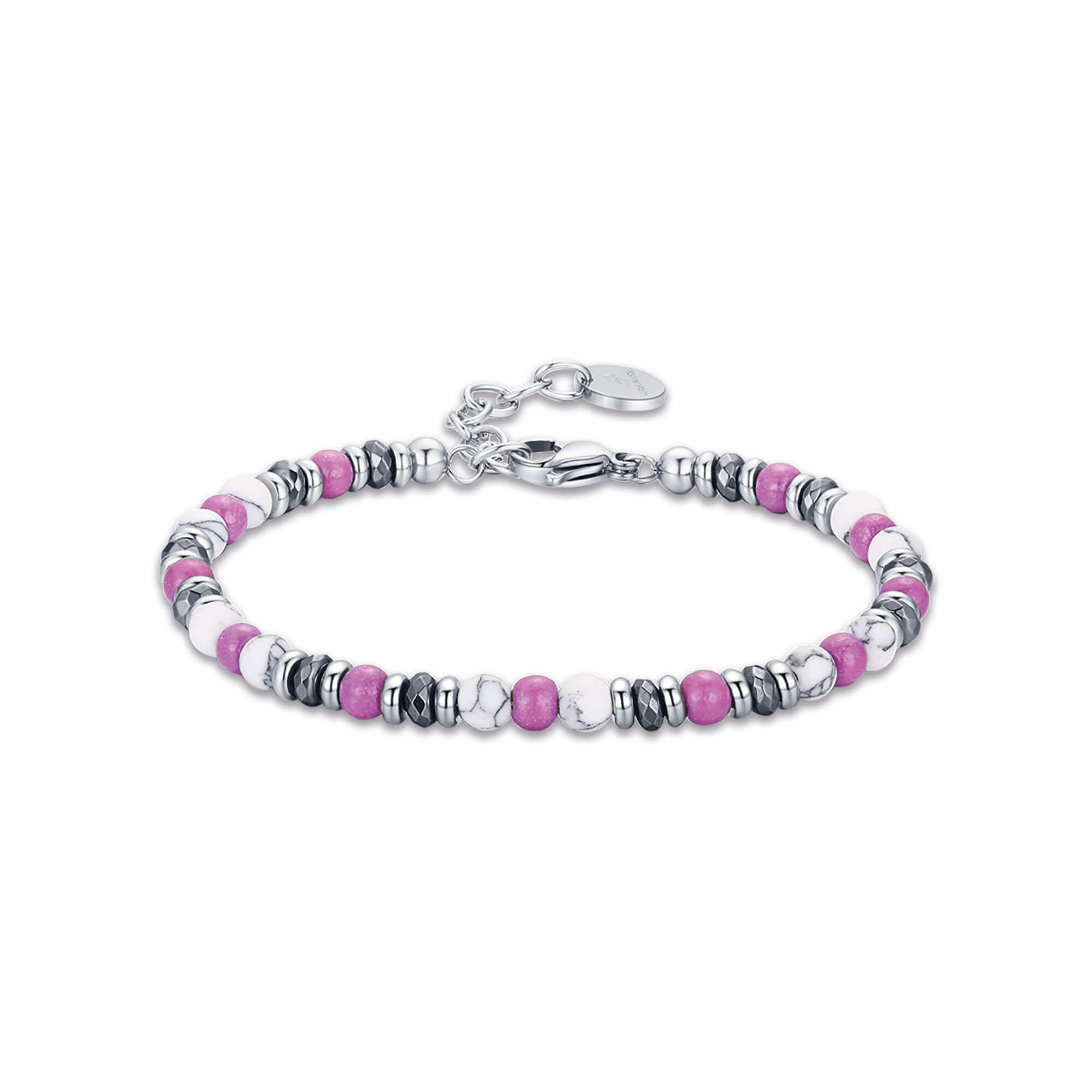 BRACCIALE IN ACCIAIO CON PIETRE BIANCHE E VIOLA