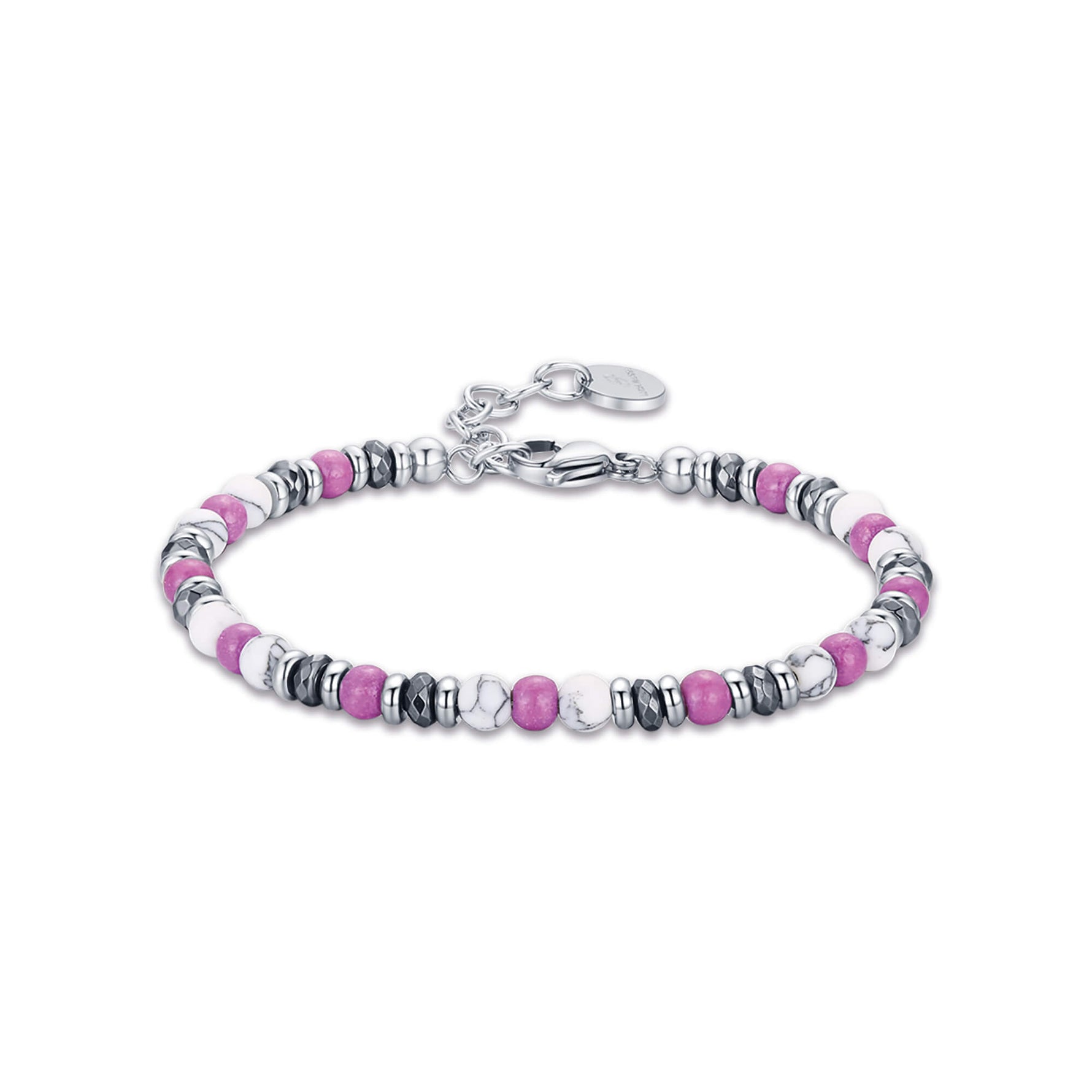 BRACCIALE IN ACCIAIO CON PIETRE BIANCHE E VIOLA