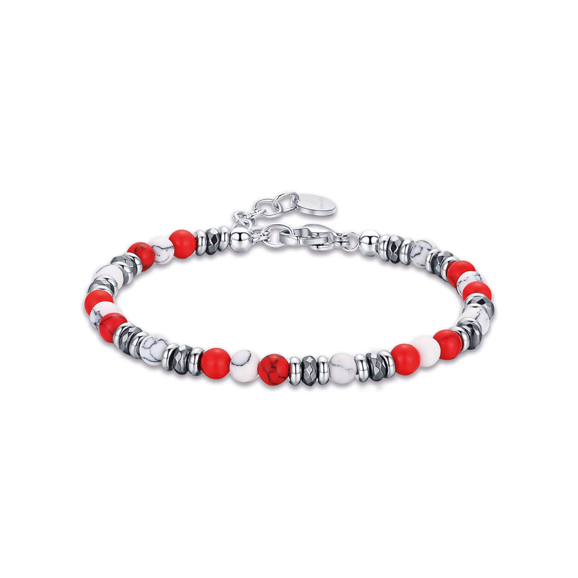 BRACCIALE IN ACCIAIO CON PIETRE ROSSE E BIANCHE