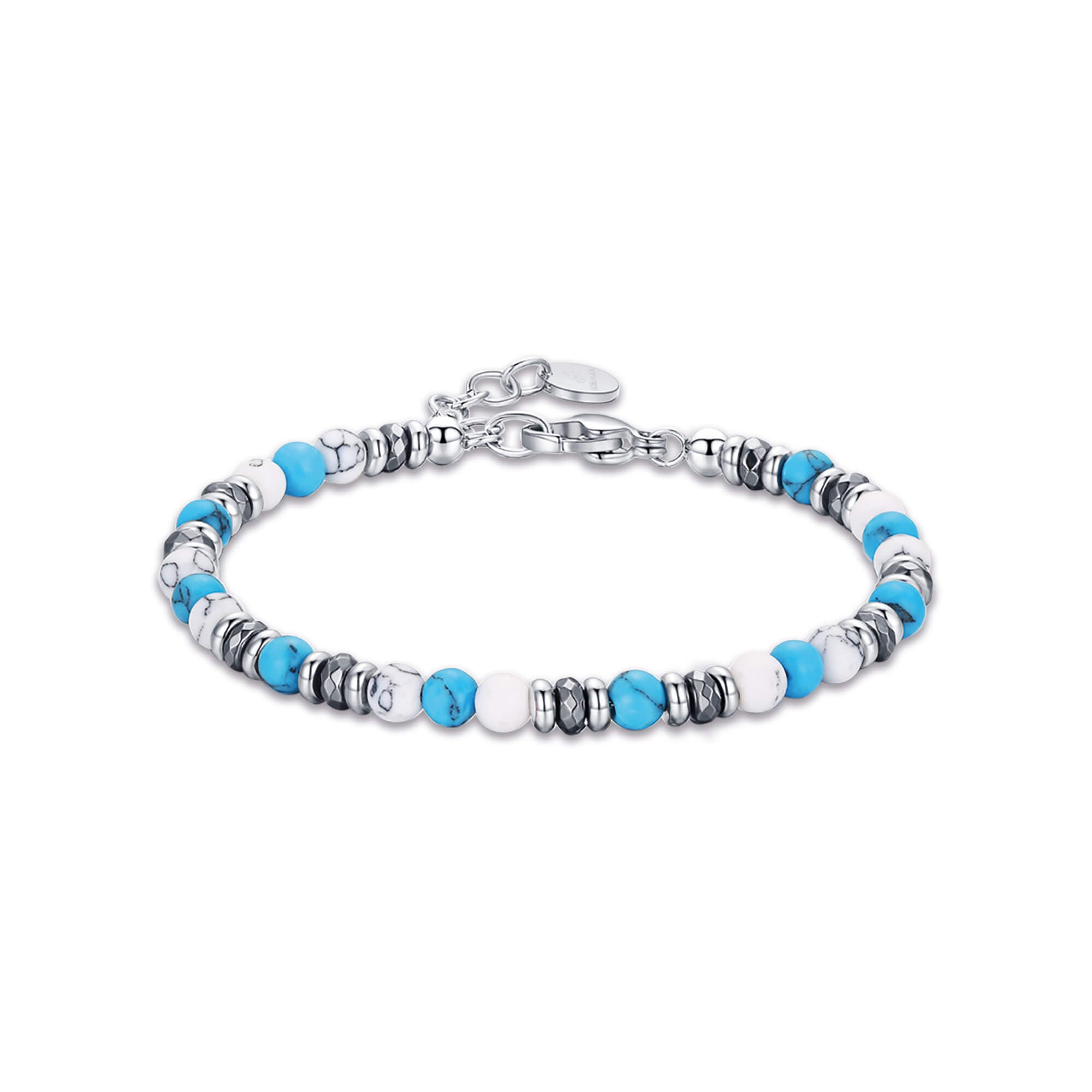BRACCIALE IN ACCIAIO CON PIETRE BIANCHE E TURCHESI