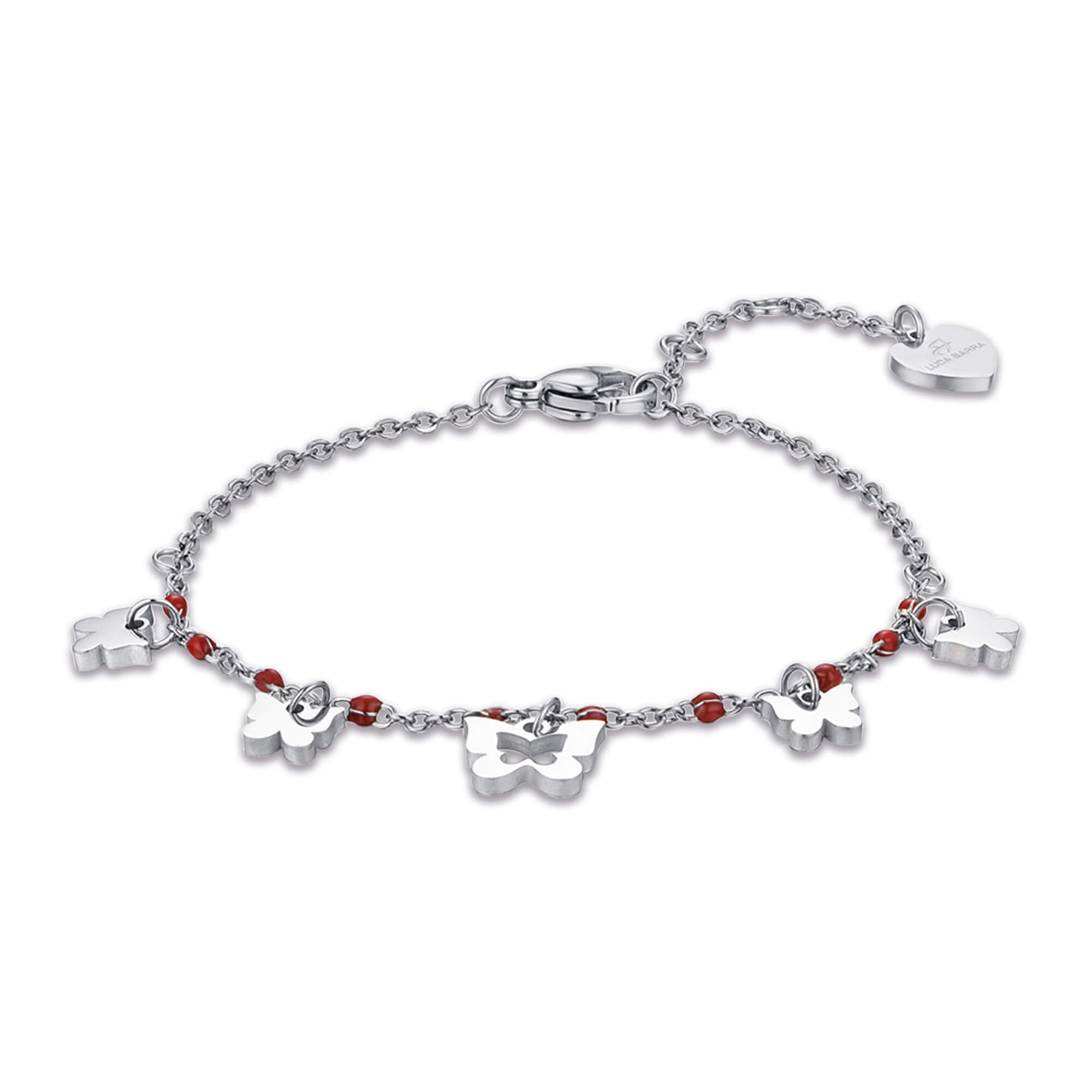 BRACCIALE IN ACCIAIO CON FARFALLE E PIETRE ROSSE