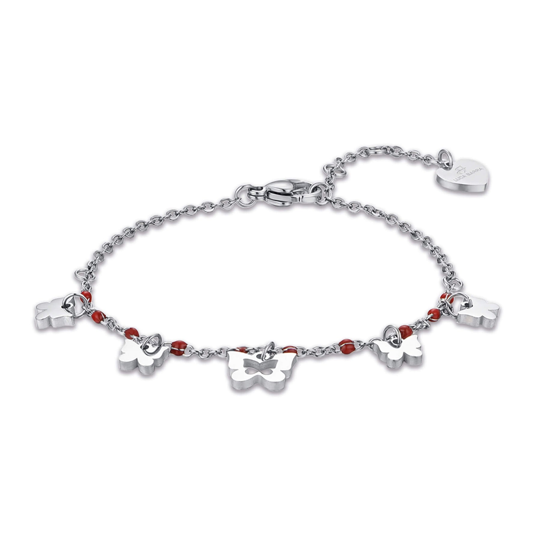 BRACCIALE IN ACCIAIO CON FARFALLE E PIETRE ROSSE
