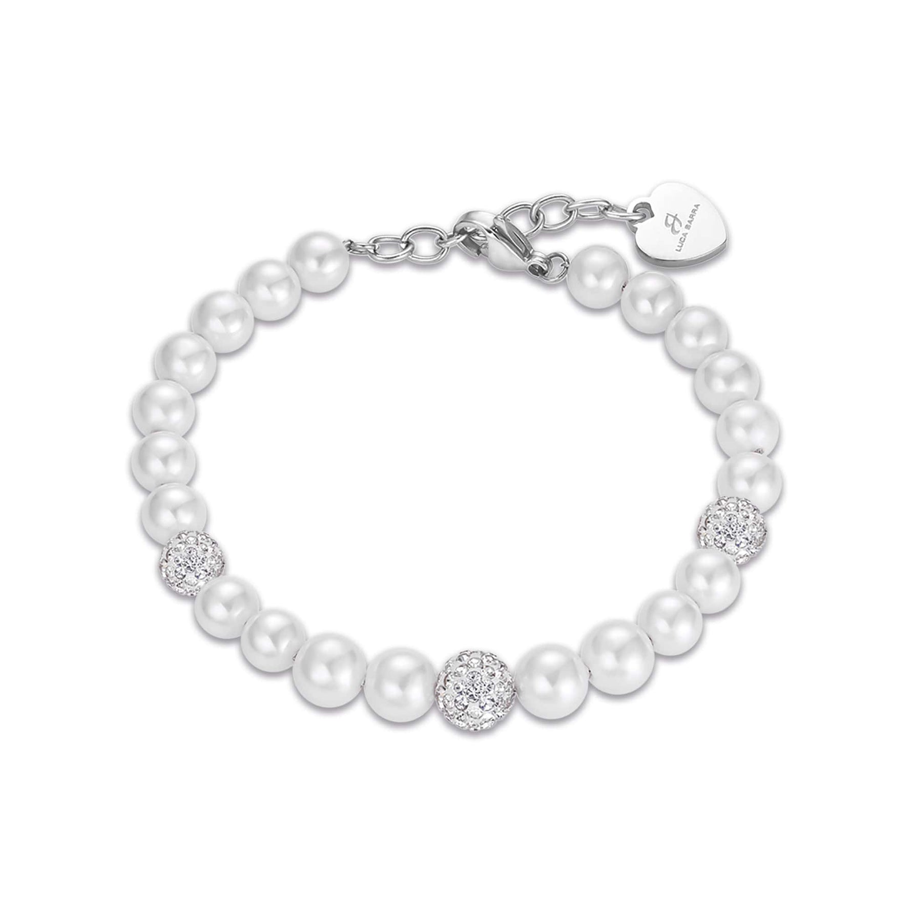 BRACCIALE DA DONNA IN ACCIAIO CON PERLE E CRISTALLI BIANCHI
