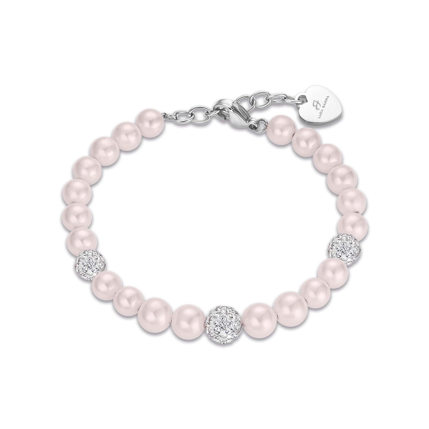 BRACCIALE DA DONNA IN ACCIAIO CON PERLE ROSA E CRISTALLI BIANCHI
