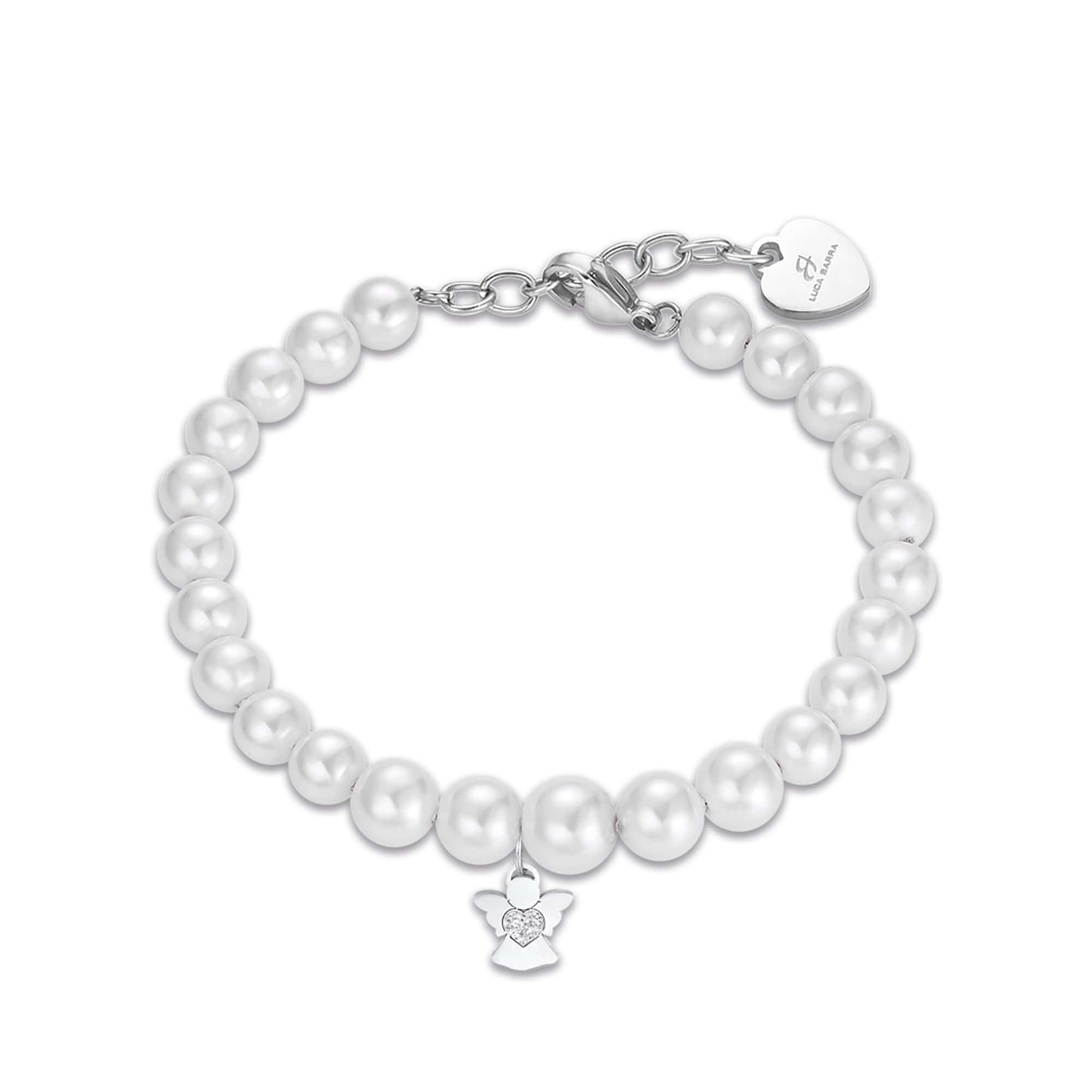 BRACCIALE DA DONNA IN ACCIAIO CON PERLE BIANCHE E ANGELO