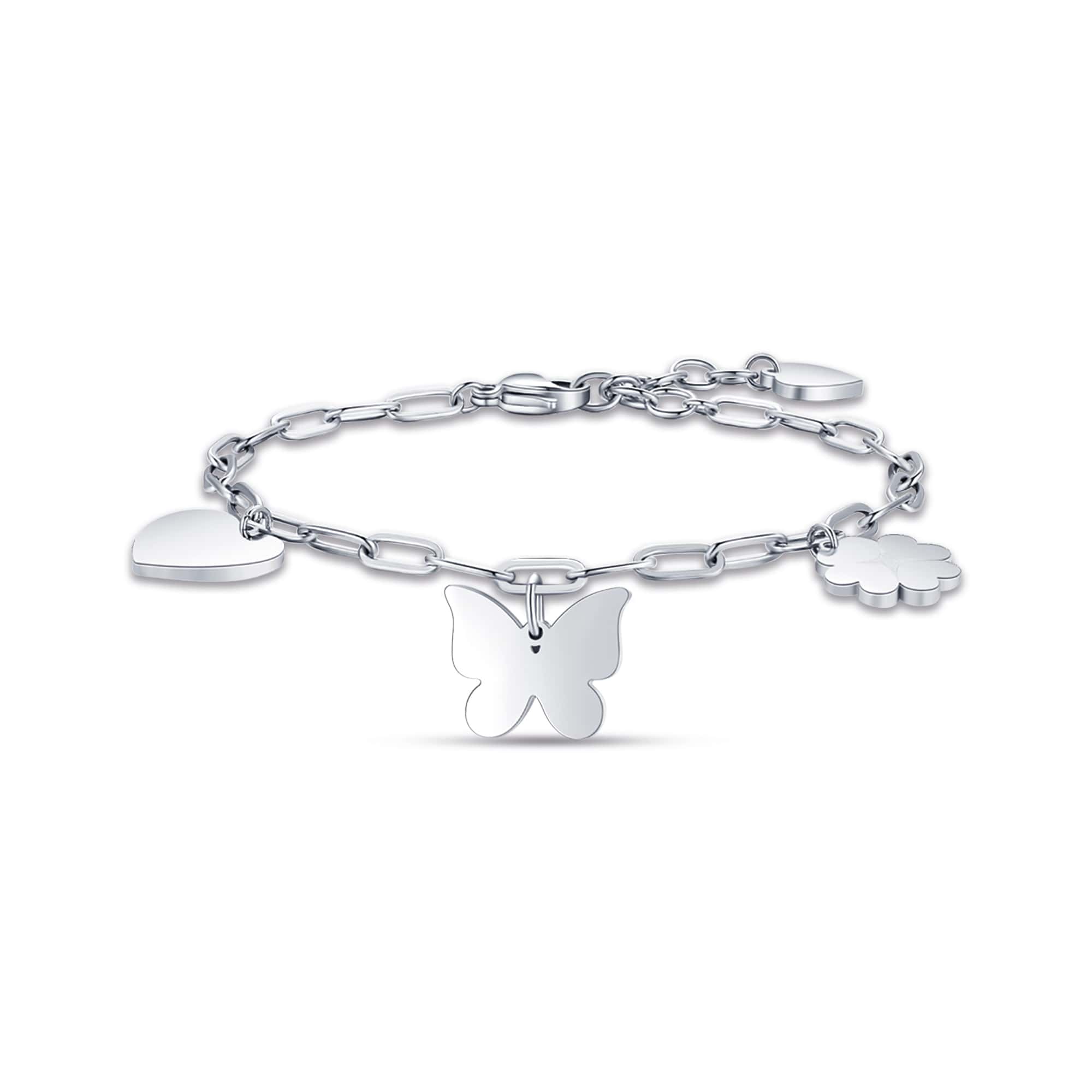 BRACCIALE DA DONNA IN ACCIAIO CON CUORE, FARFALLA E QUADRIFOGLIO