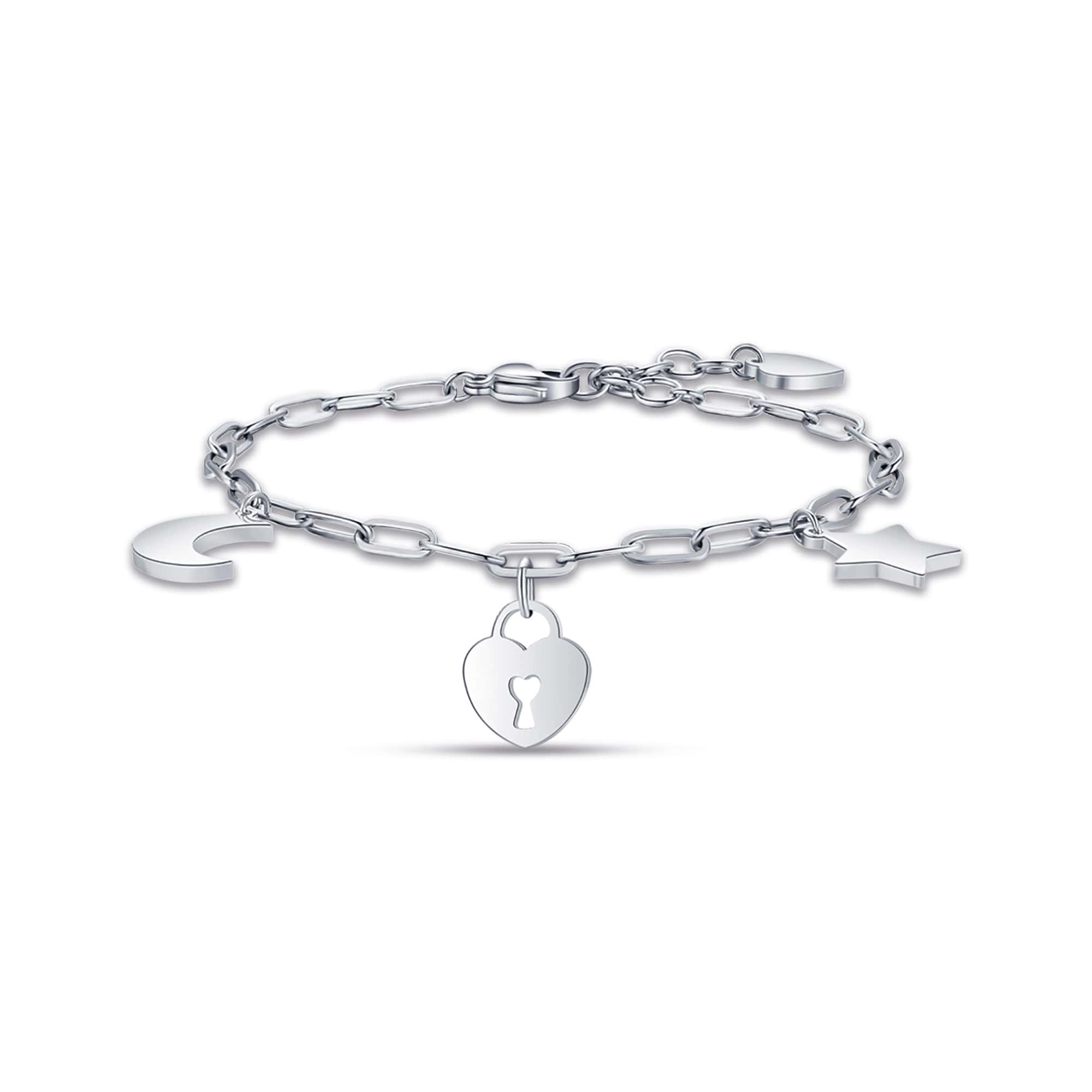 BRACCIALE DA DONNA IN ACCIAIO CON LUNA, CUORE LUCCHETTO E STELLA