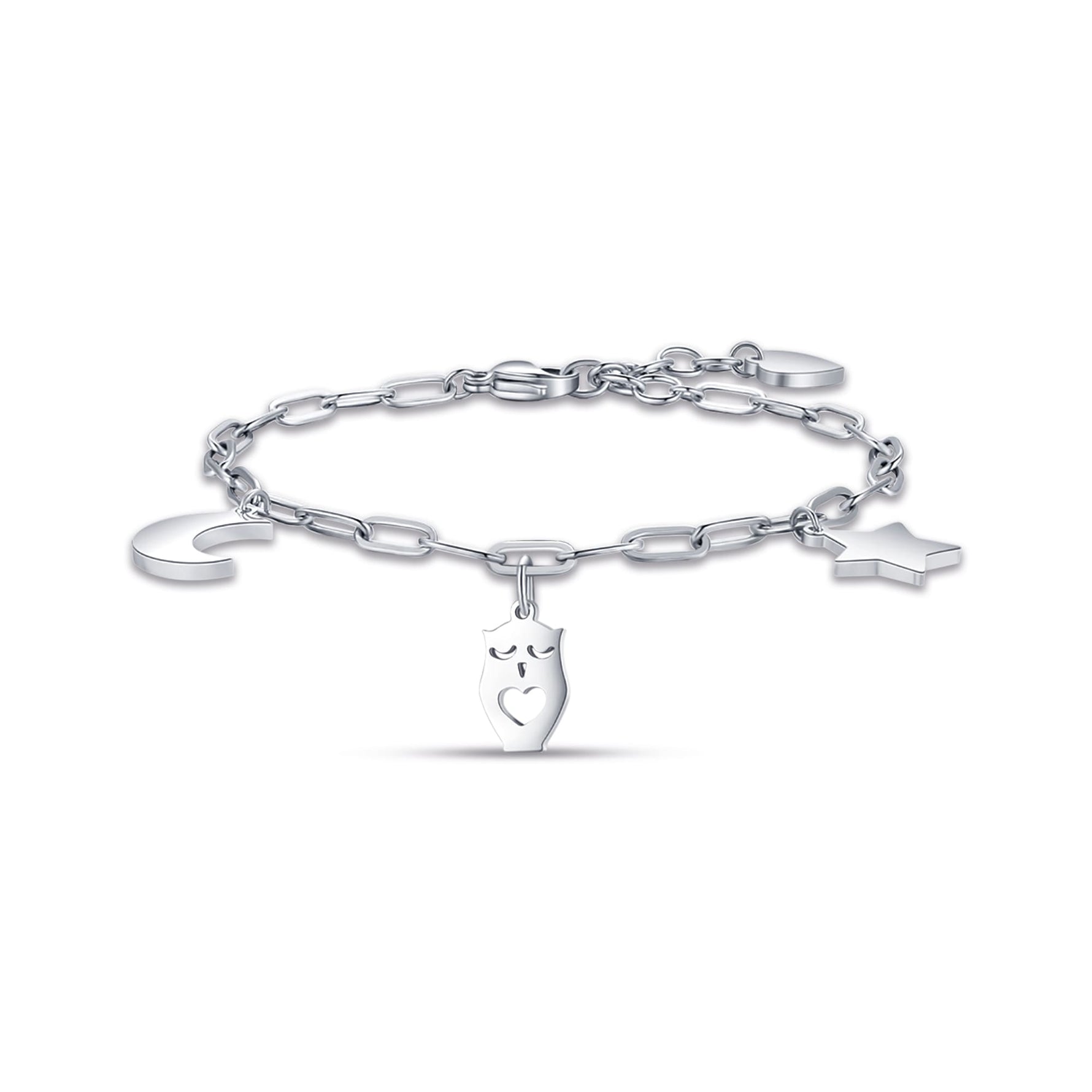 BRACCIALE DA DONNA IN ACCIAIO CON LUNA, GUFO E STELLA