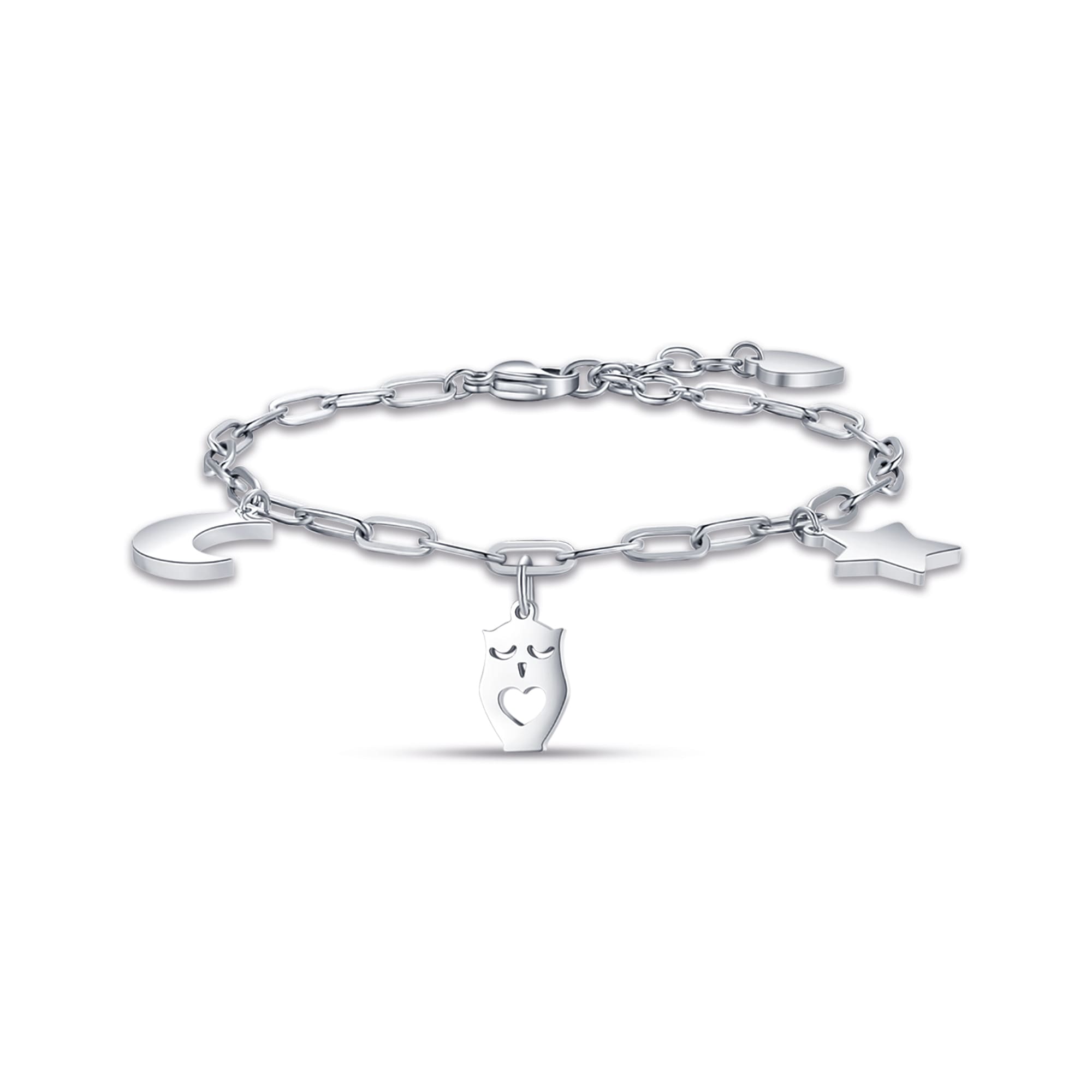 BRACCIALE DA DONNA IN ACCIAIO CON LUNA, GUFO E STELLA