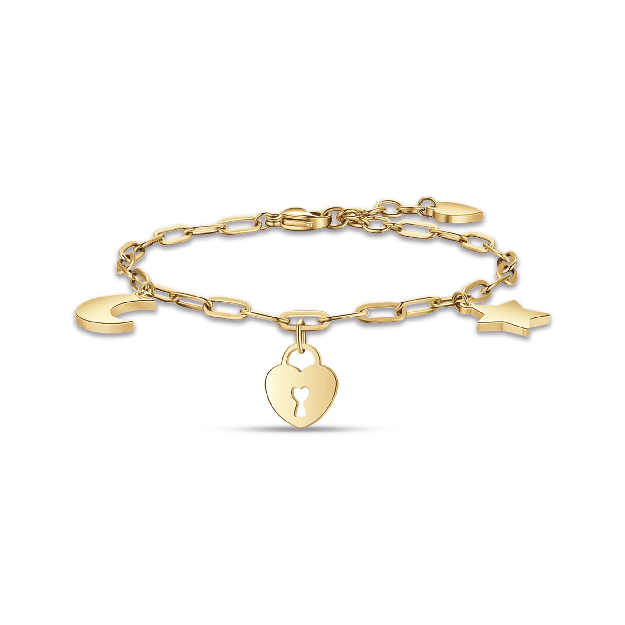 BRACCIALE DA DONNA IN ACCIAIO DORATO CON LUNA, CUORE LUCCHETTO E STELLA