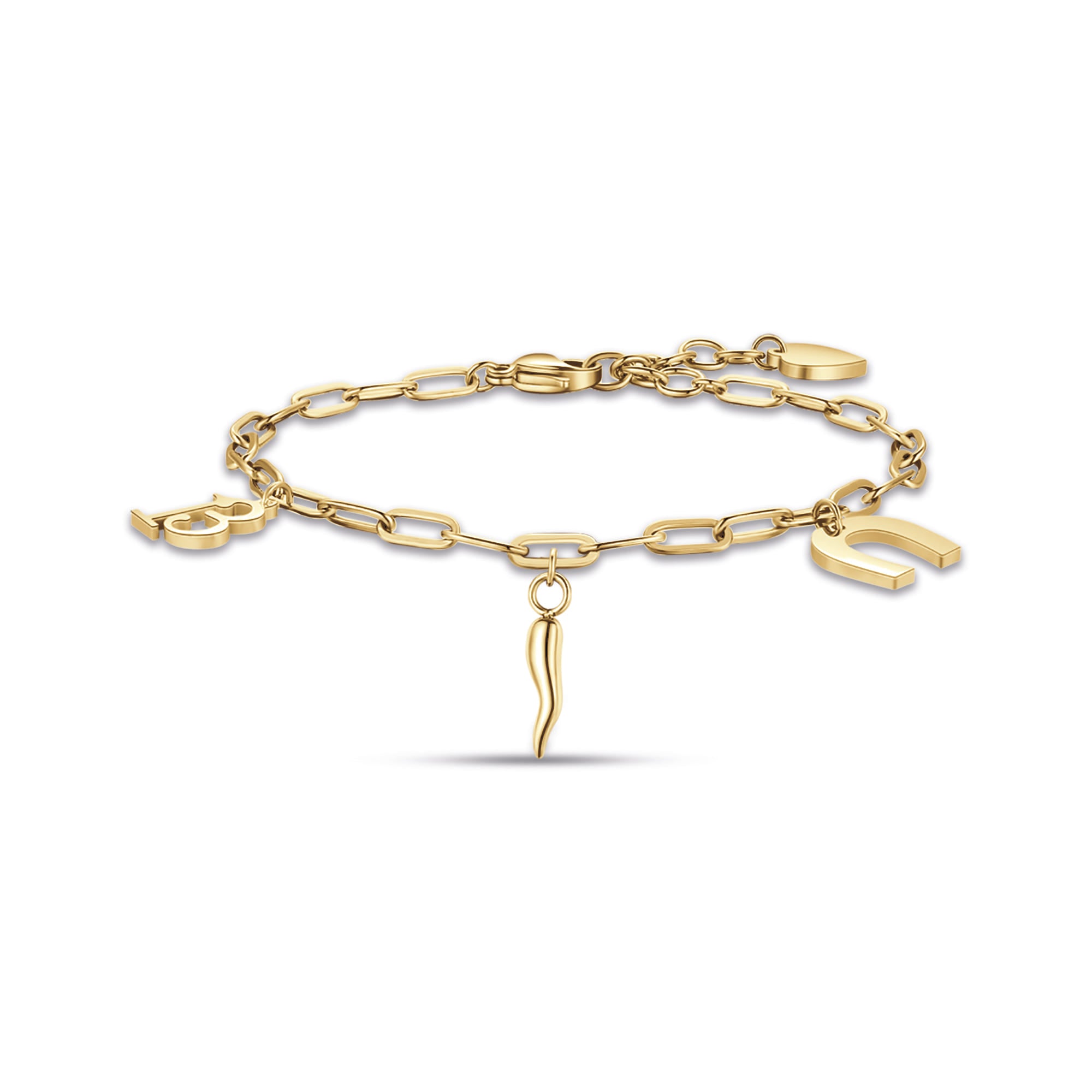 BRACCIALE DA DONNA IN ACCIAIO DORATO CON 13, FERRO DI CAVALLO E CORNO