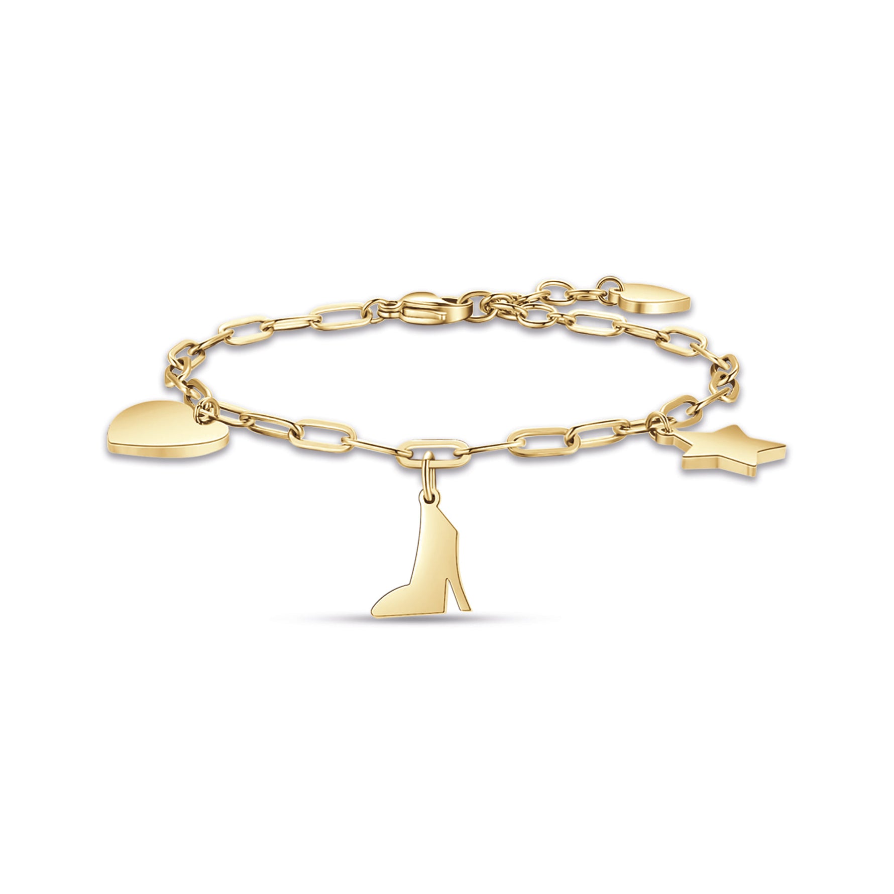 BRACCIALE DA DONNA IN ACCIAIO DORATO CON CUORE, SCARPA E STELLA