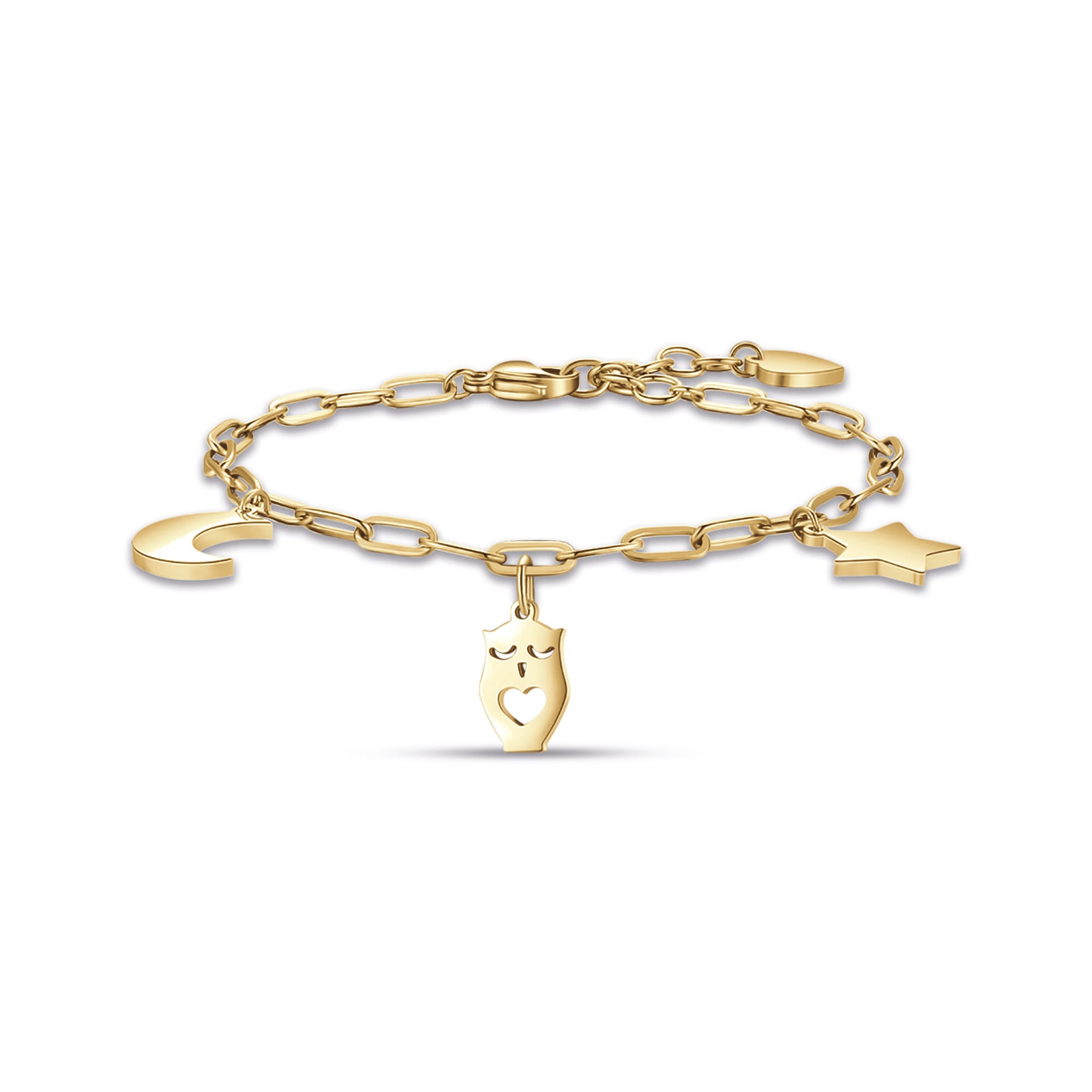 BRACCIALE DA DONNA IN ACCIAIO DORATO CON LUNA, GUFO E STELLA