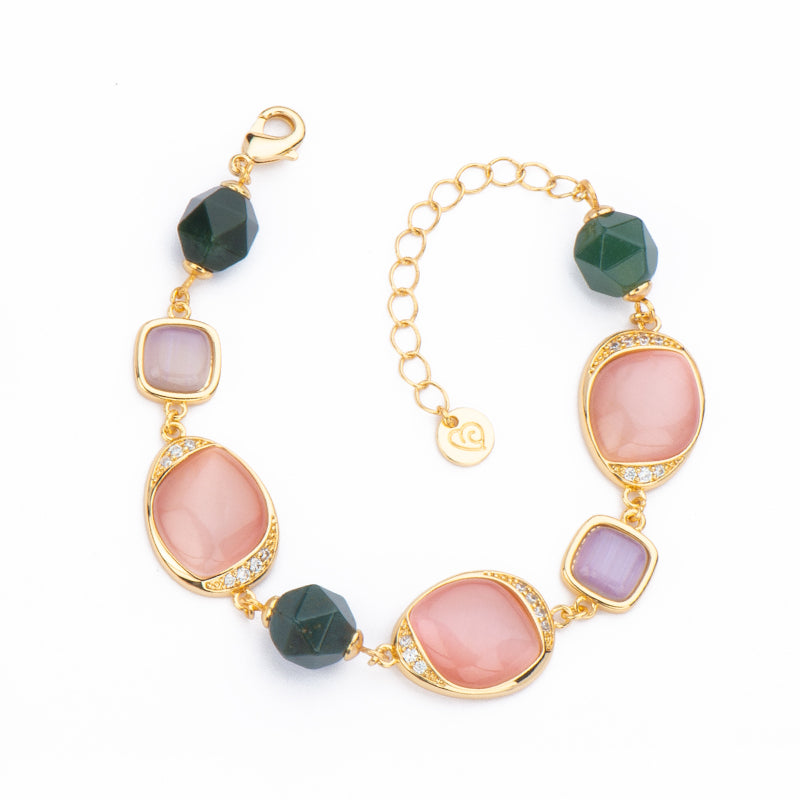 Bracciale brass dorato ed elementi con intarsio obliquo in cat eye rosa,tanzanite e pietre in agata verde - Misura Regolabile