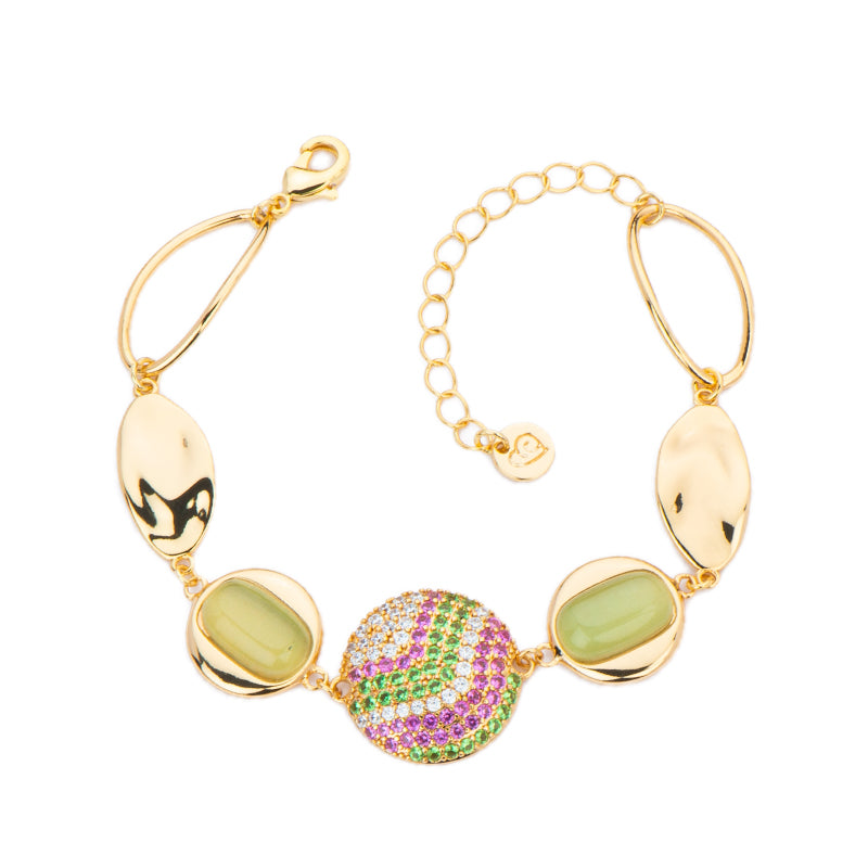 Bracciale catena ed elementi cat eye verde e centrale con pavè di zirconi clear, fucsia e peridot - Misura Regolabile