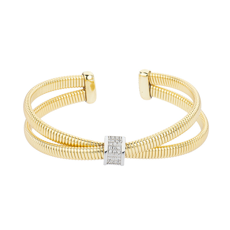 Bracciale due fasce incrociate a maglia tubogas in brass dorato con semi-tondo centrale rodiato e pavé di zirconi clear