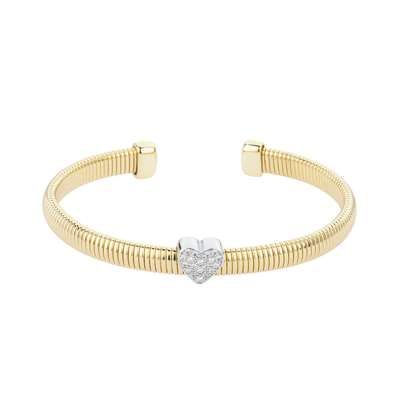Bracciale fascia a maglia tubogas in brass dorato con cuore centrale rodiato e pavé di zirconi clear