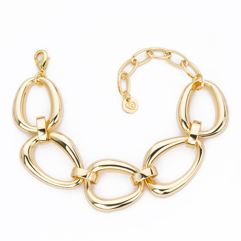 Bracciale ovaloidi bombati in brass liscio e dorato assemblati a mano  - Misura Regolabile