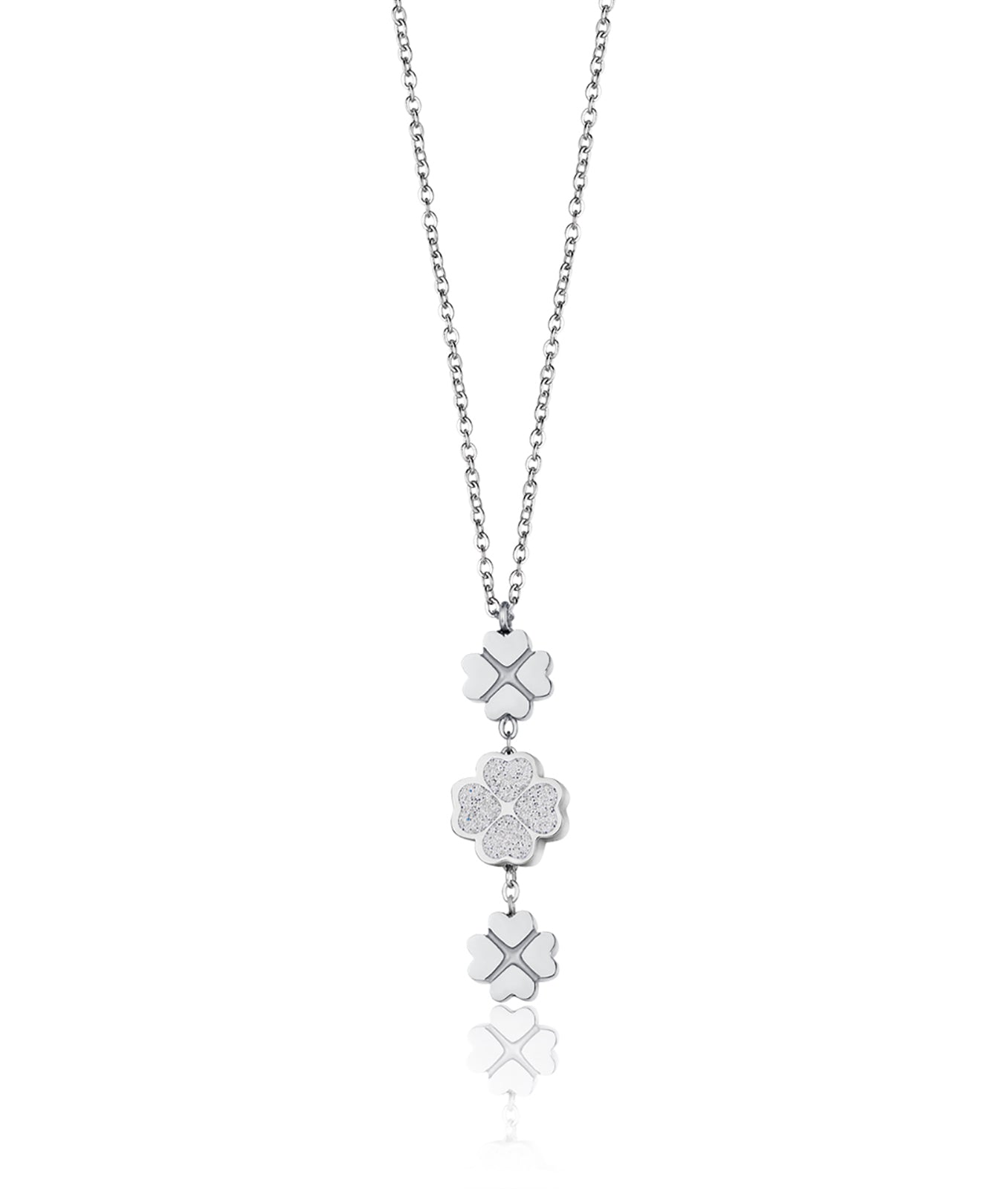 COLLANA IN ACCIAIO CON QUADRIFOGLI  CON GLITTER BIANCO