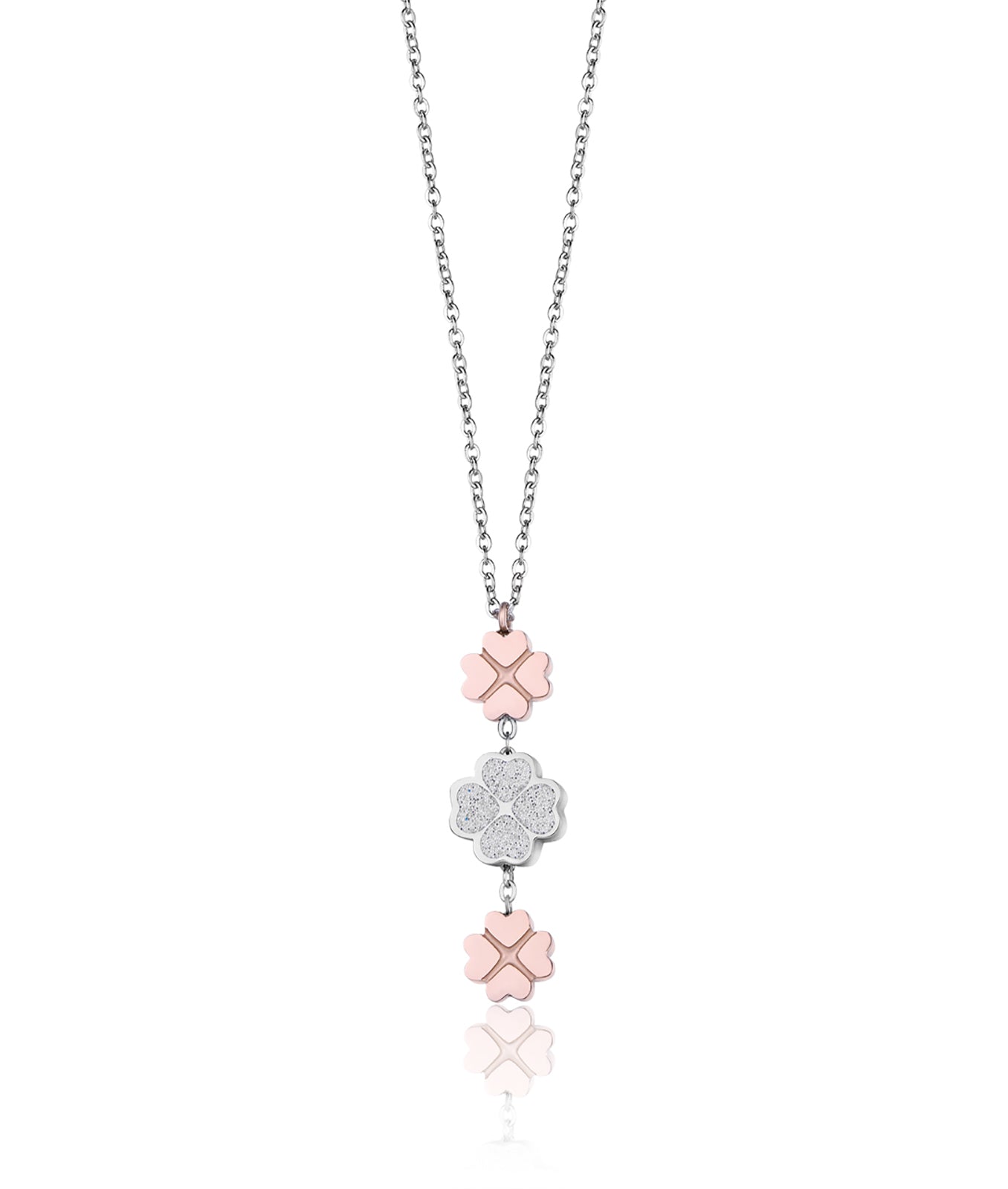 COLLANA IN ACCIAIO CON QUADRIFOGLI  IN ACCIAIO IP ROSE E GLITTER BIANCO