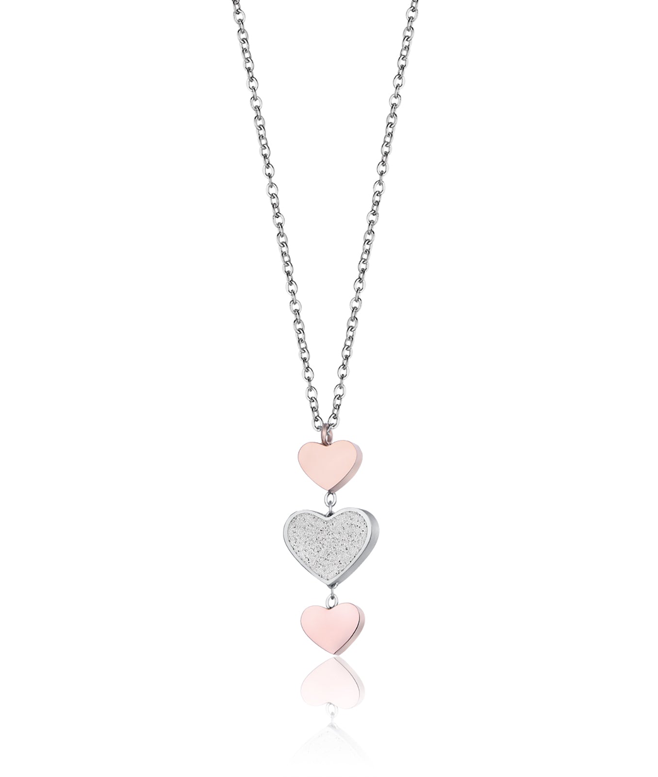 COLLANA IN ACCIAIO CON CUORI  IN ACCIAIO IP ROSE E GLITTER BIANCO