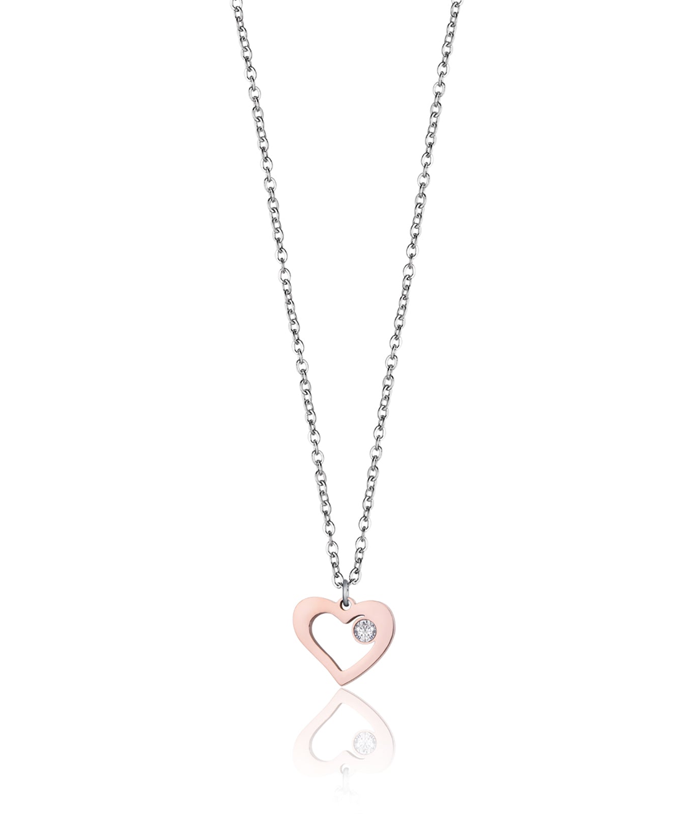 COLLANA IN ACCIAIO CON CUORE IN ACCIAIO IP ROSE E CRISTALLO BIANCO