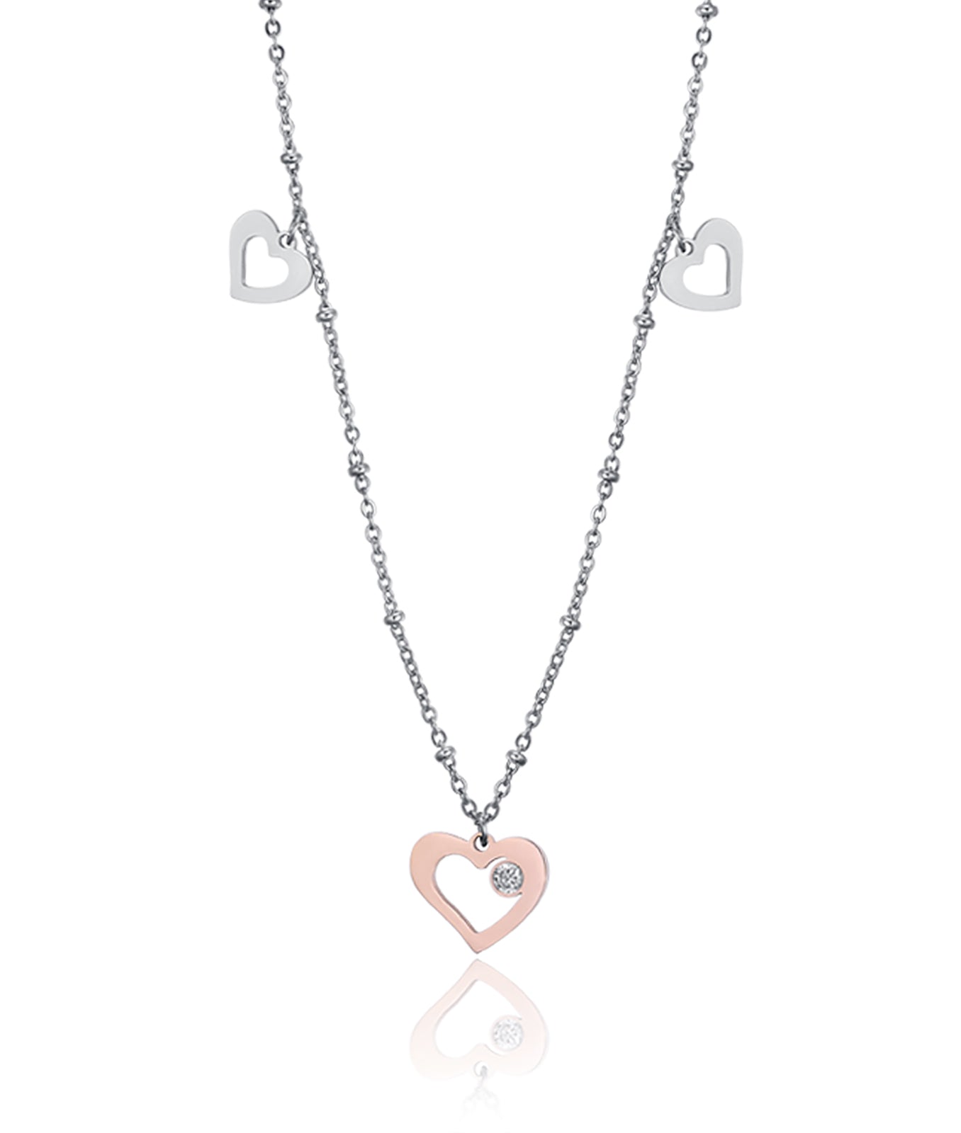COLLANA IN ACCIAIO CON CUORI IN ACCIAIO E ACCIAIO IP ROSE E CRISTALLO BIANCO