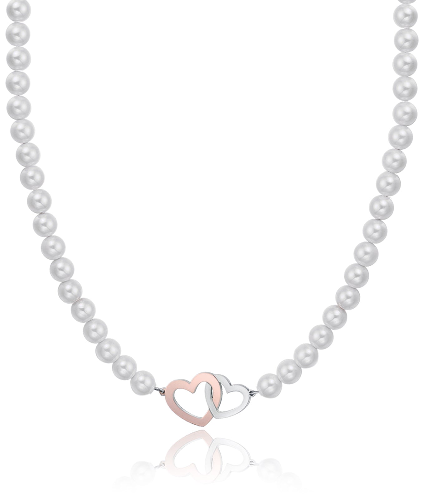 COLLANA IN ACCIAIO CON PERLE BIANCHE E CUORI IN ACCIAIO E IP ROSE