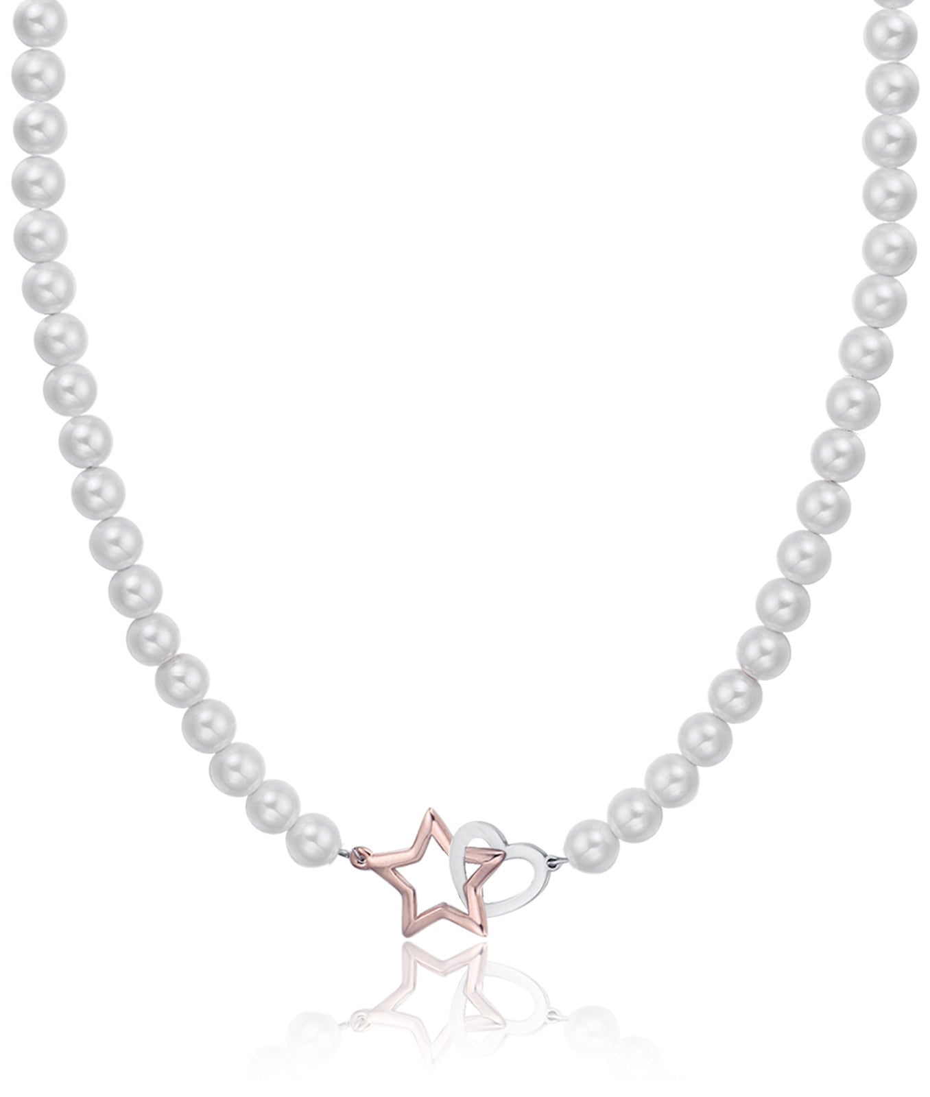 COLLANA IN ACCIAIO CON PERLE BIANCHE, CUORE IN ACCIAIO E STELLA IP ROSE