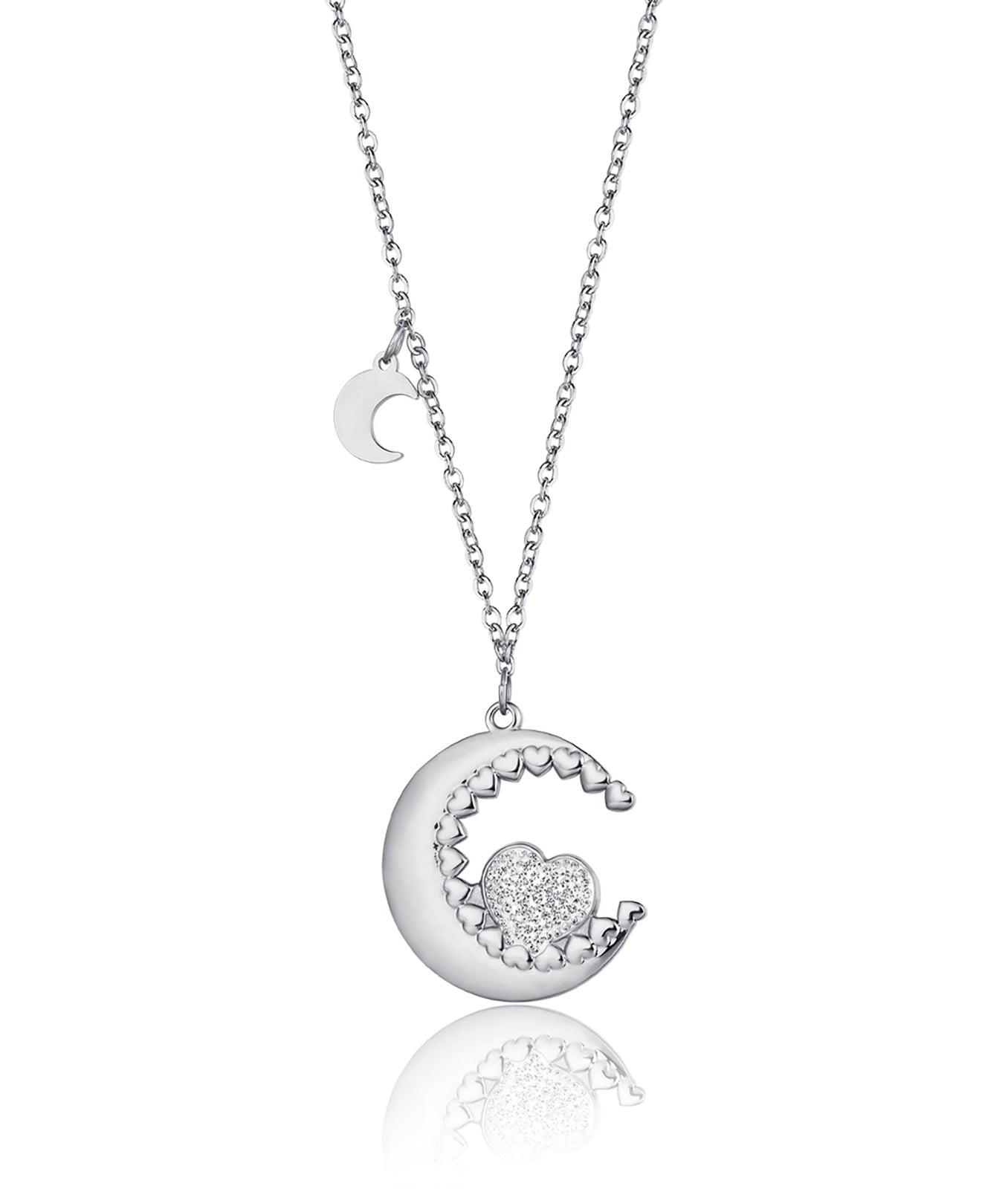 COLLANA IN ACCIAIO CON LUNA E CUORE CON CRISTALLI BIANCHI