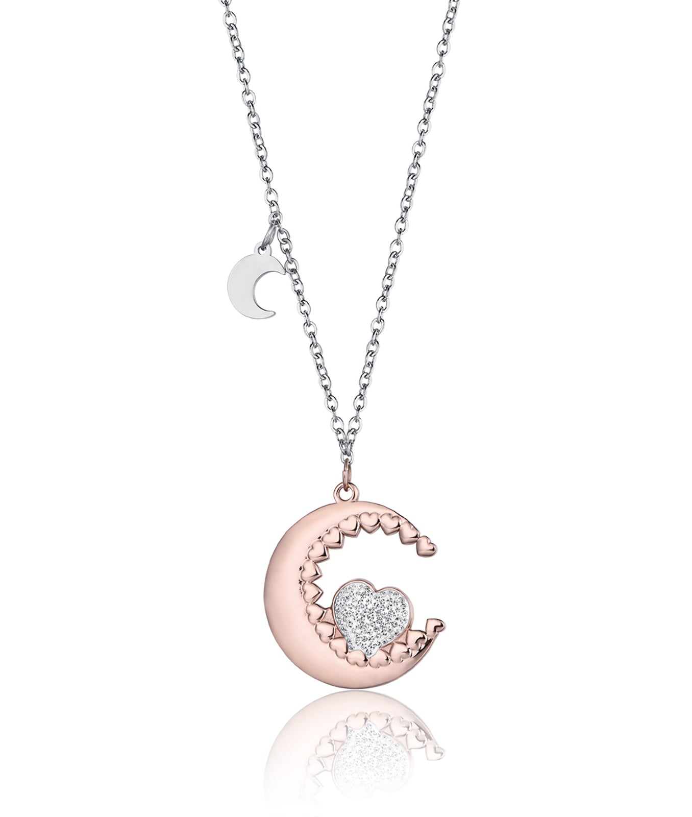 COLLANA IN ACCIAIO CON LUNA IP ROSE E CUORE CON CRISTALLI BIANCHI