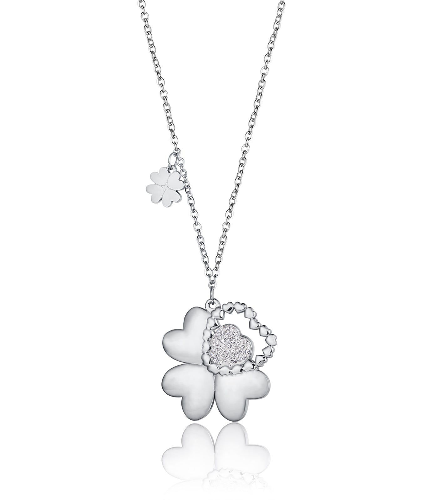 COLLANA IN ACCIAIO CON QUADRIFOGLIO E CUORE CON CRISTALLI BIANCHI