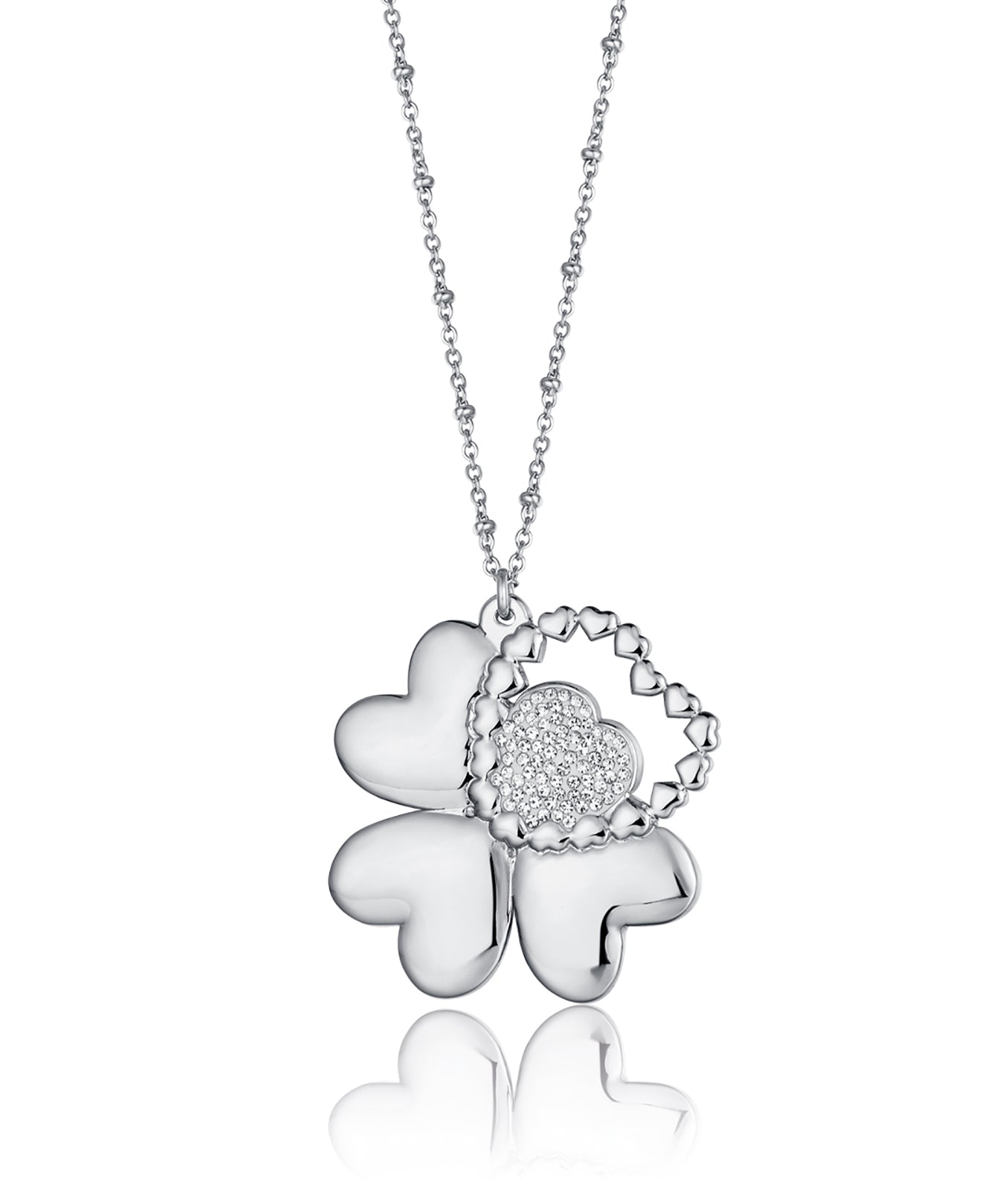 COLLANA IN ACCIAIO CON QUADRIFOGLIO E CUORE GLITTER
